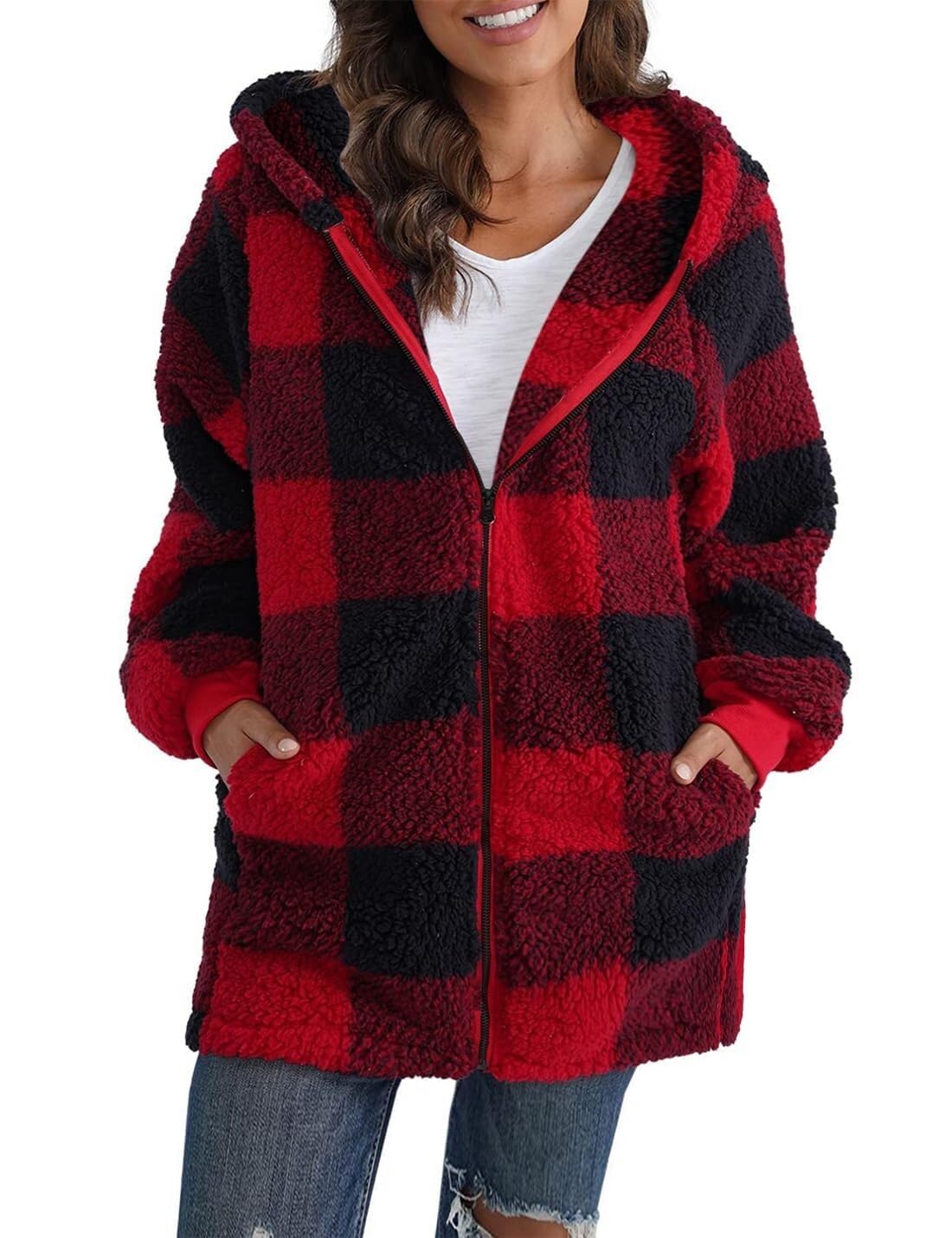 LICIAATWIG Women's Fleece Coat Checkered Warm Winter Jacket Hooded Jacket Fluffy Plush Jacket Zipper Sweatshirt with Hood and Pockets