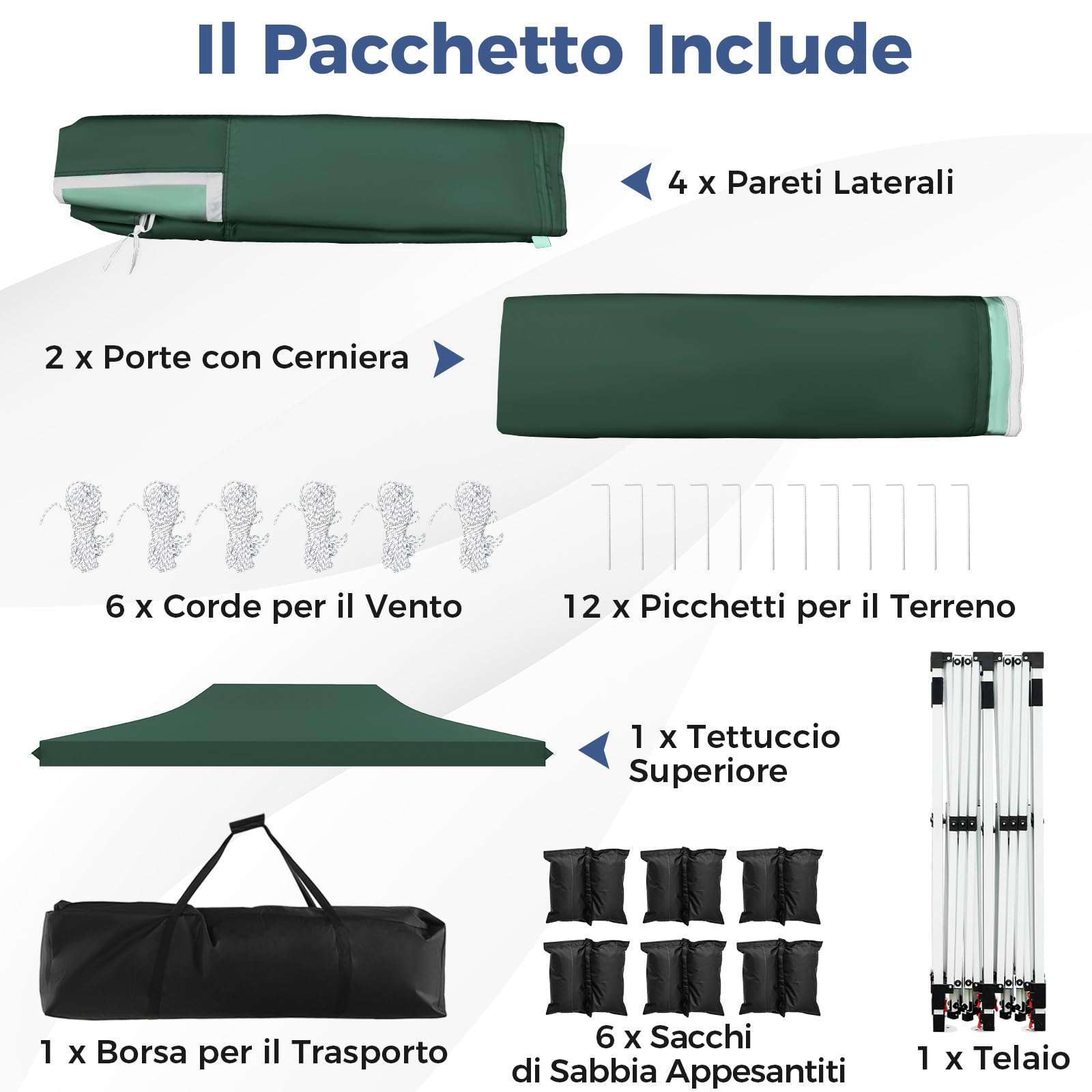 GYMAX 3 x 6 M Gazebo Pieghevole, Gazebo Esterno Resistente con 6 Parti Laterali Rimovibile, Tenda in Tessuto Oxford Impermeabile con Borsa, per Giardino, Campeggio (Verde)