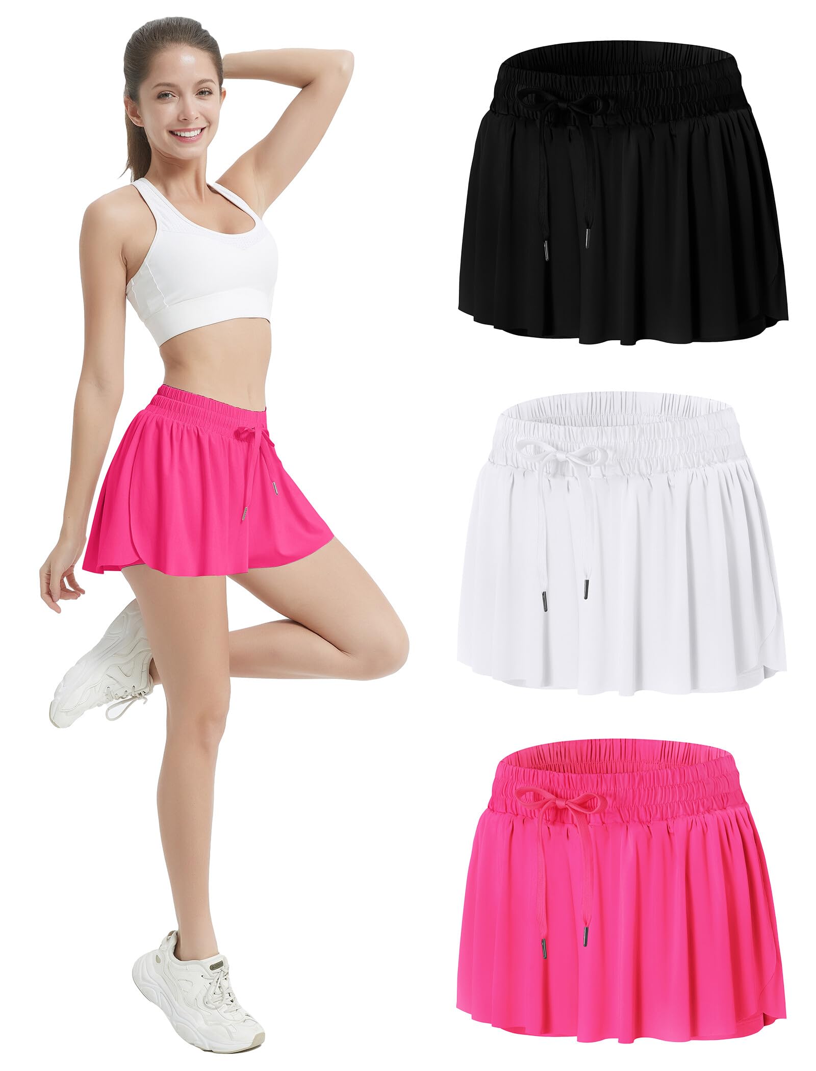 EXARUS 3 Pack Womens Butterfly Shorts Flowy Athletic 2 in 1 Running Workout Tennis Skirt Skorts Gym Preppy