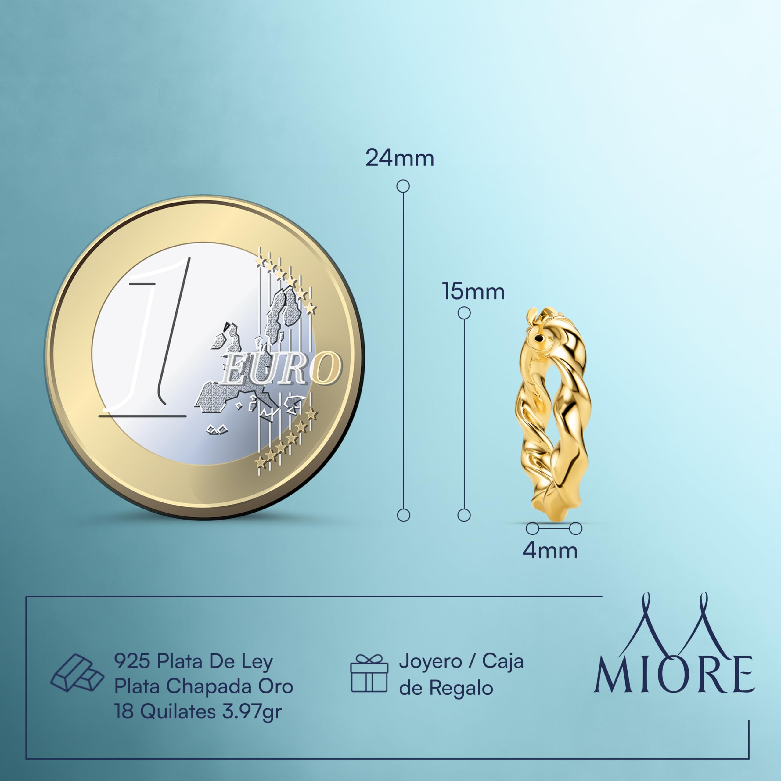 Miore Pendientes Mujer de Plata de Ley 925 Bañados en Oro de 18K 750, Aros de Oro Redondos con Tubos Torcidos de 15 mm, Hechos a Mano en Italia, Joyas Dorados con Joyero