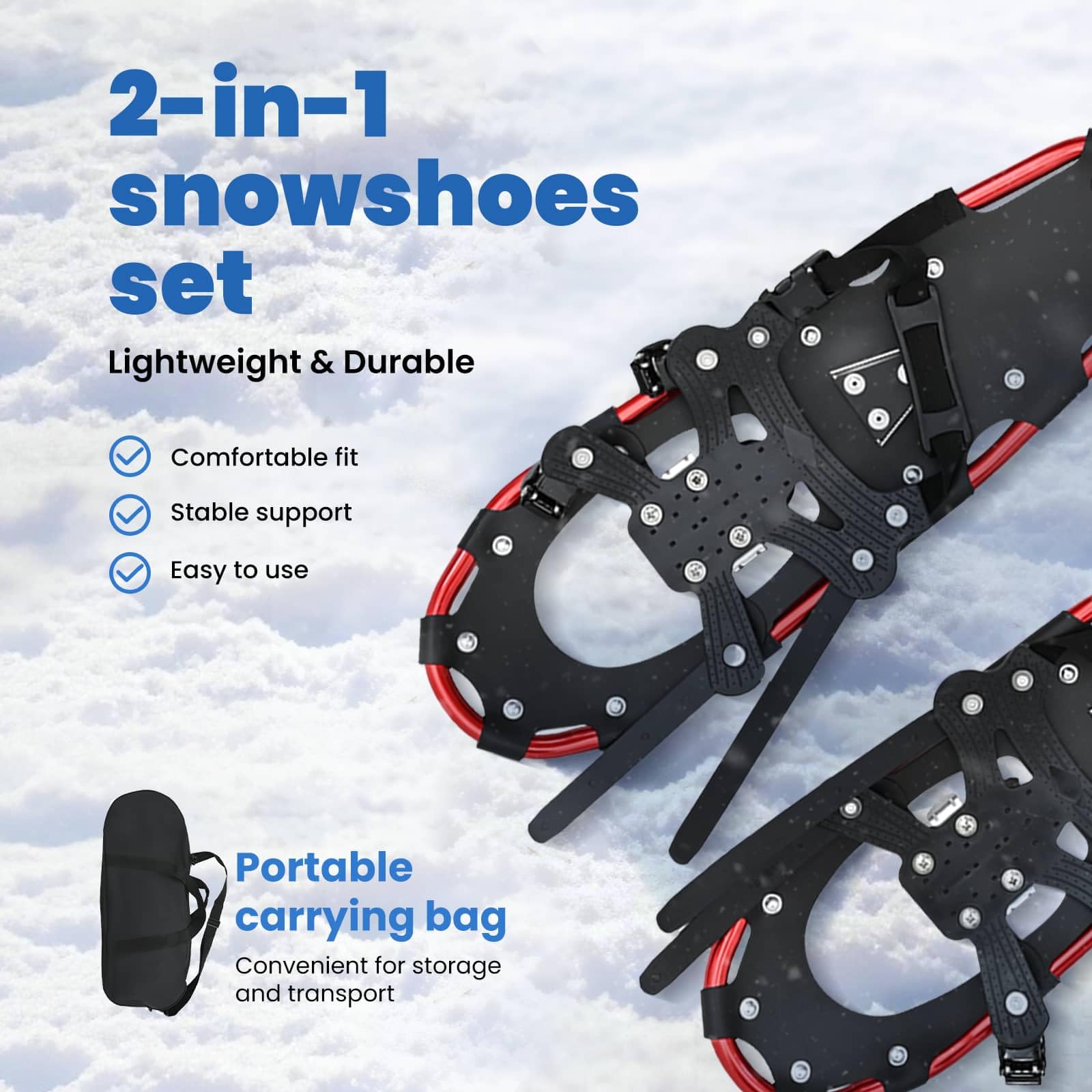 vidaXL Ciaspole 3 in 1 Rosso e Nero 63 x 21 cm Alluminio e HDPE, Ciaspole in alluminio per il giardino, attrezzatura outdoor regolabile, accessori moderni per camminare sulla neve