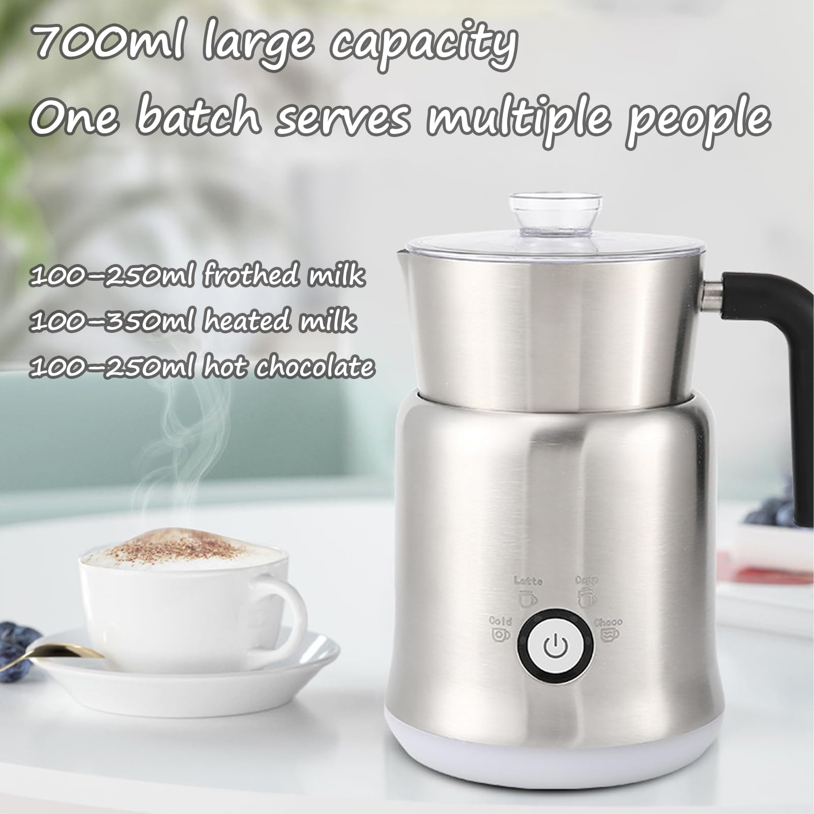 Spieniacz do mleka i garnek do gotowania na parze o pojemności 700 ml, elektryczny spieniacz 4 w 1 do mikropianki na poziomie Latte Art, gorące i zimne napoje kawowe, duży zdejmowany dzbanek