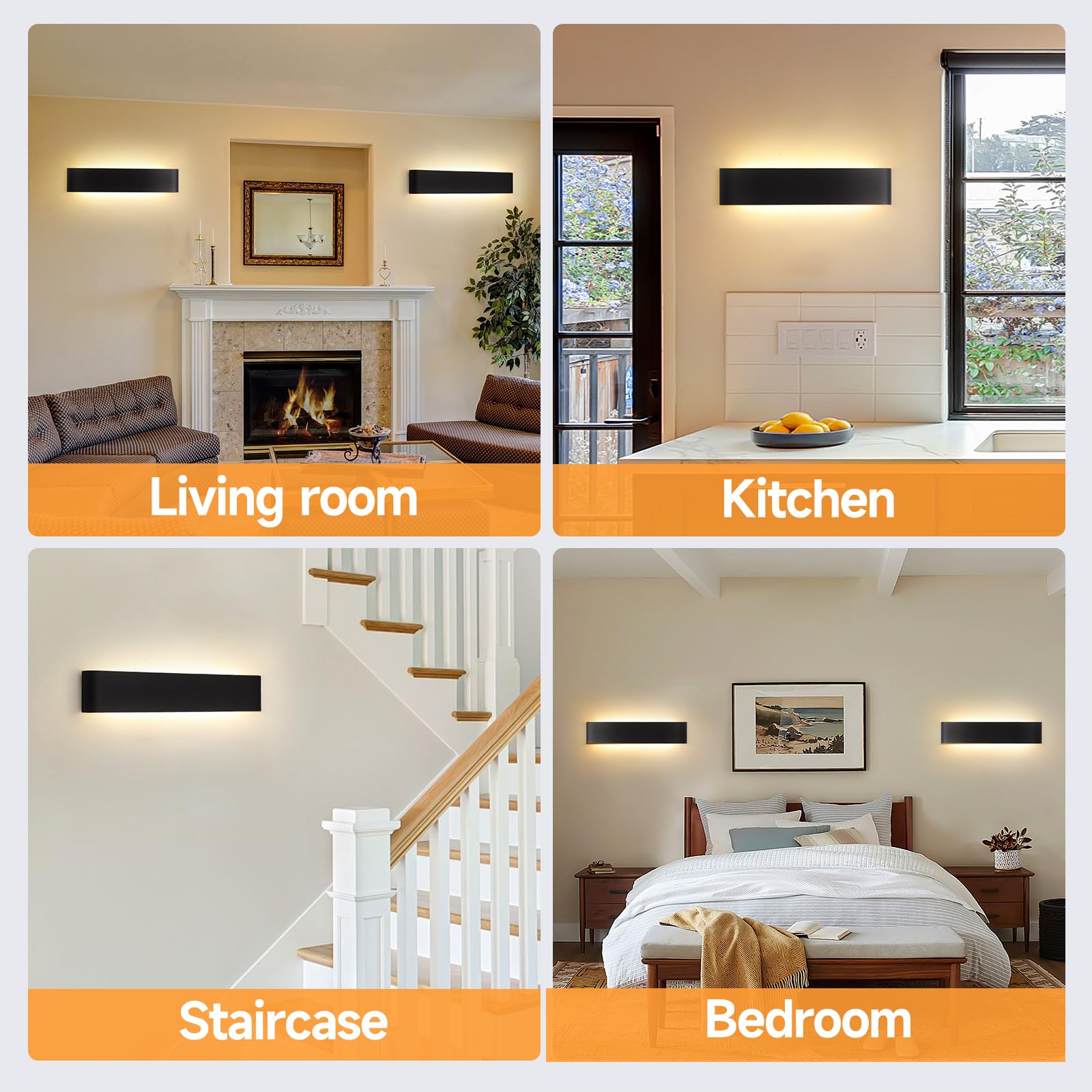 YCZM Applique da Parete Interno 24W,Lampada LED Parete Interni 3000K/4000K/6500K Temperature a tre colori opzionale,Applique LED da Parete Interno 38CM 2880LM,Lampada a Muro 2 Pezzi Nero