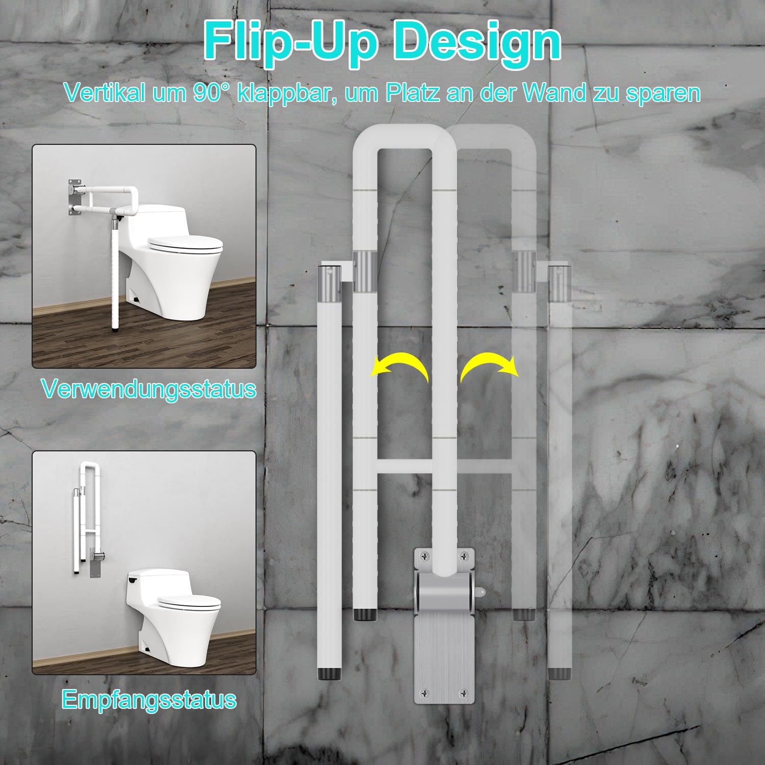 Herrselsam Asidero de Soporte de Pared Barra Abatible de 60 cm para Ancianos, Antideslizante, para Inodoro, Montaje en Pared, Color Blanco, Carga hasta 200 kg (2 Unidades)