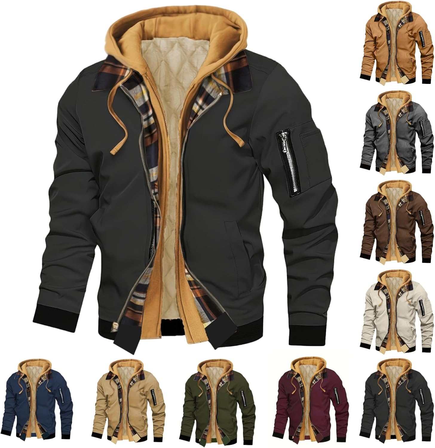 Sblioda Mens Winter Coats Mens Winter Jacket Fake Two-Piece Splicing Plaid Hooded Coat Windproof Casual Full Zip Up Cargo Jackets With Pockets
