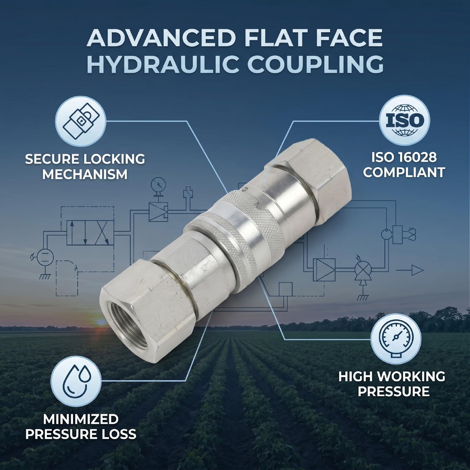 Acoplador Conexión Rápida Hidráulica Cara Plana Rosca NPT 3/4 pulg., Cuerpo 1/2 pulg. Acoplamiento Rápido Hidráulico Accesorios Conexión Rápida Metal para Estándar ISO 16028