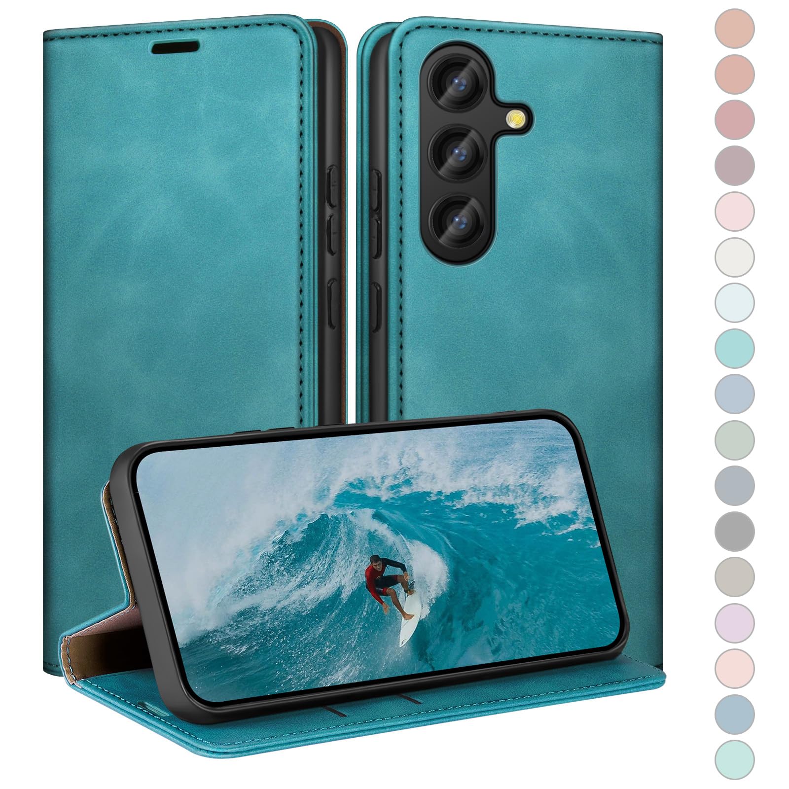 Étui Samsung S25 FE en cuir vert d'eau avec fentes pour cartes HUOUH - 7