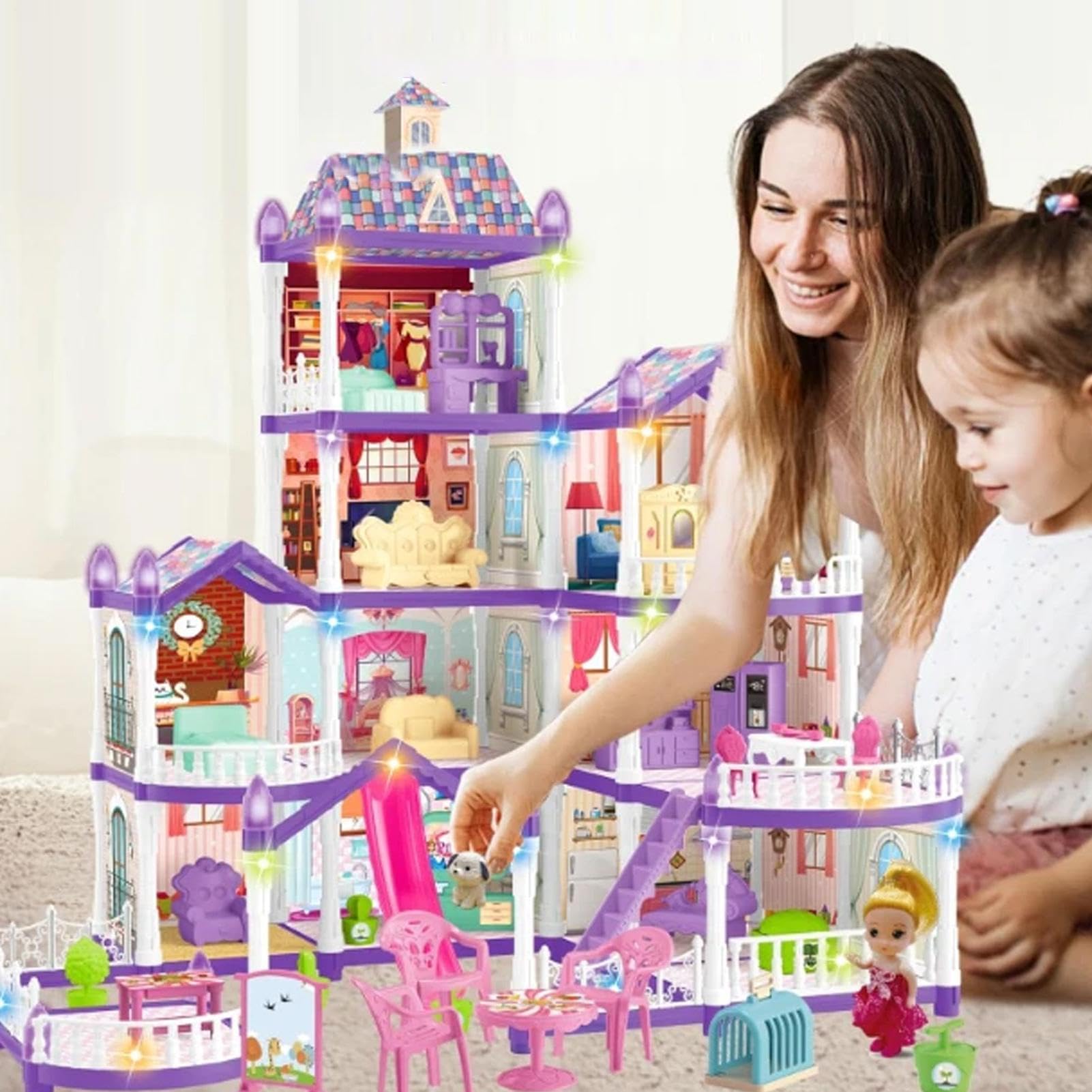Dom dla Lalek dla Dzieci 4-piętrowa miniaturowa willa z 13 pokojami do | Mały domek z 3 księżniczkami, 2 szczeniakami i meblami z akcesoriami Dla dziewczynek 4-6 lat do odgrywania ról w do