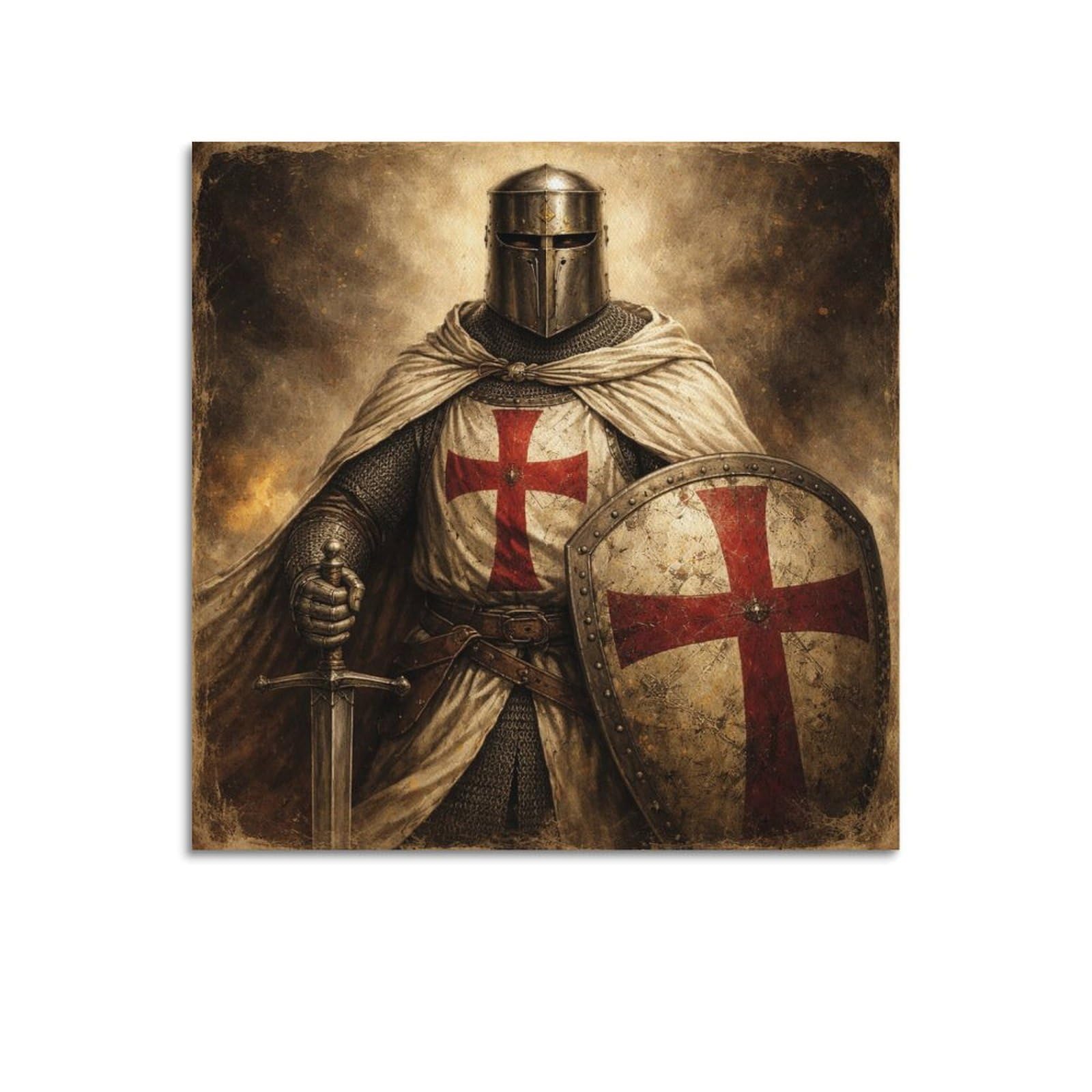 XKUGA Vintage Visor Crusader Shield Poster Knight Red Cross Armor Modern Decorative Canvas Prints - Ideal Wall Art for Family, Man Cave, Game Room, Boys & Girls Bedroom 12x12inch(30x30cm)