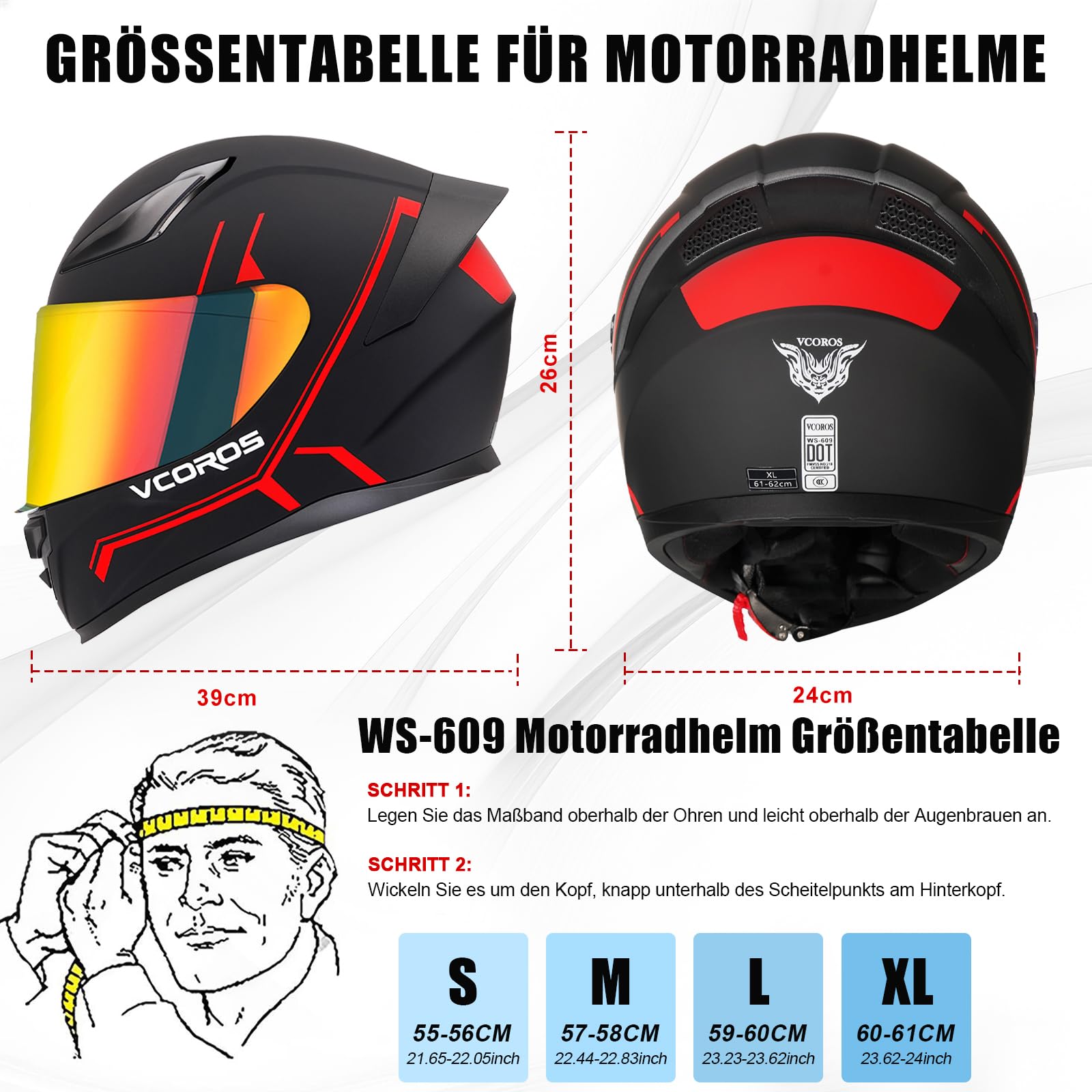 VCOROS Casco integral para adultos unisex WS-609 casco de moto con visera parasol transpirable ECE 22.06 certificado ECE 22.06 casco integral casco integral para moto scooter carreras