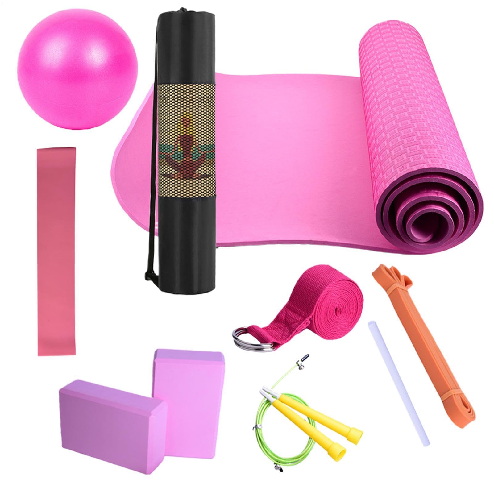 Zestaw do jogi dla początkujących, mata do ćwiczeń z blokami | Zawiera lateksową taśmę oporową i taśmę stretchingową, przenośny sprzęt treningowy