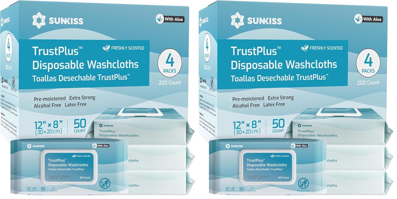 SUNKISS Trustplus Wet Wipes for Adult No Rinse, Extra Large 8”x12” Body Cleaning Washcloths for Elderly Incontinence & Cleansing, Fresh Scented, 200 Count (8 Packs of 50)