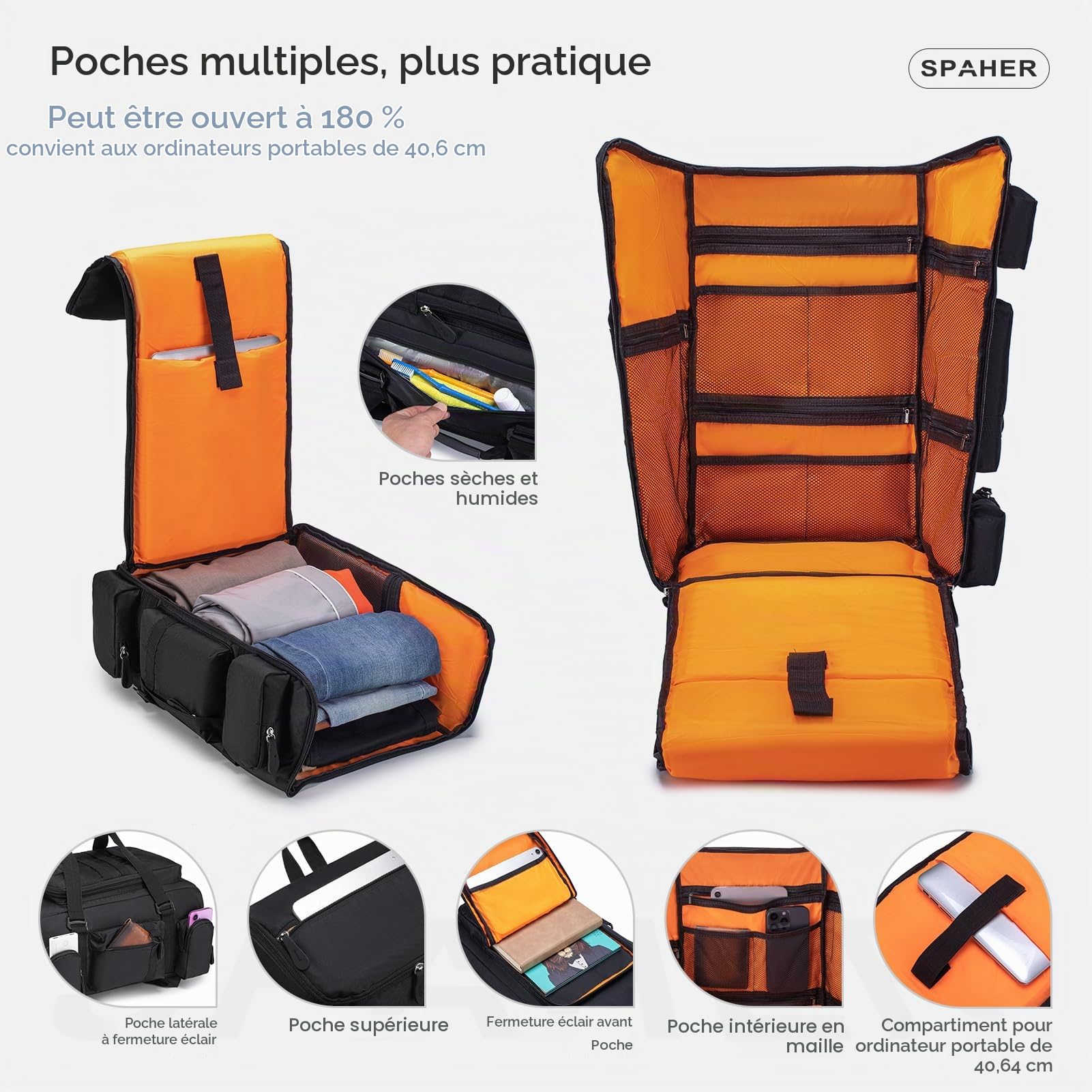 SPAHER 3 en 1 Sac à Dos Randonnée Tactique Sac de Voyage Grand 40L, Noir | Grand Ouverture 180°, 2 Poignées, Système MOLLE, Poches Humides, Compartiment pour Ordinateur Portable Rembourré de 16 Pouces