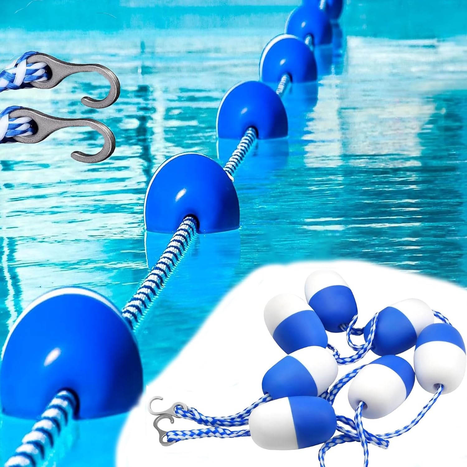 Pools Lane Divider, Swimming Pool Safety Rope and Float Kit, Blue & White Effective Visibility Floating Pool Safety Rope, Pool Shallow End Rope, Pool Separator Rope to Divide Pool 27ft/8.2m