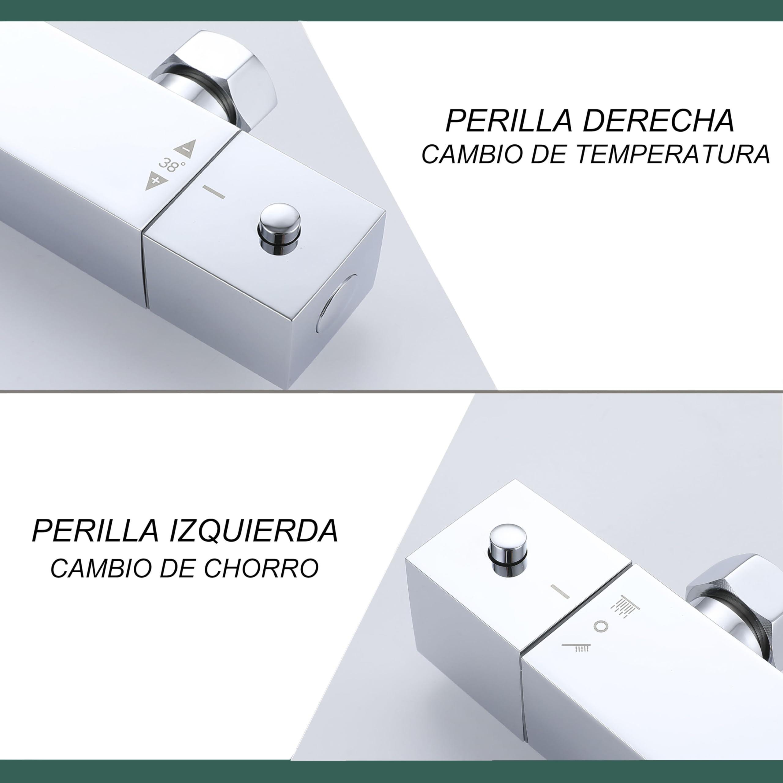 Aica Columna de Ducha termostática 38℃, Alcachofa de Baño, Cuadrado en cromo de acero inoxidable Plato, Barra telescópica, Ducha Lluvia