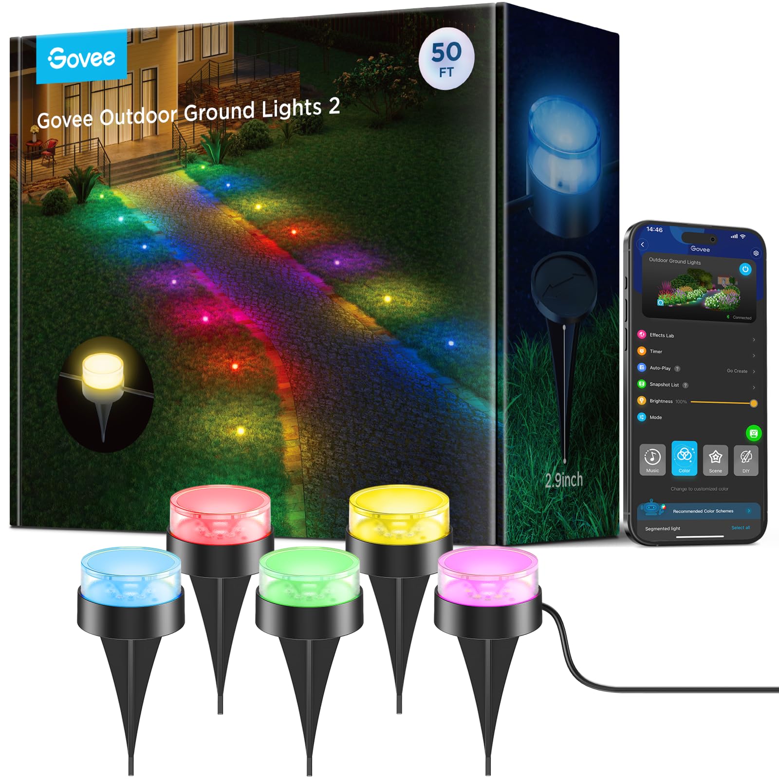 Govee Outdoor Ground Lights 2, 50ft Patio Decorations, 15 Pack RGBIC Pathway Lights with 100LM Warm White, IP67 Waterproof, 63 Scene Modes, Works with Alexa, Google Assistant