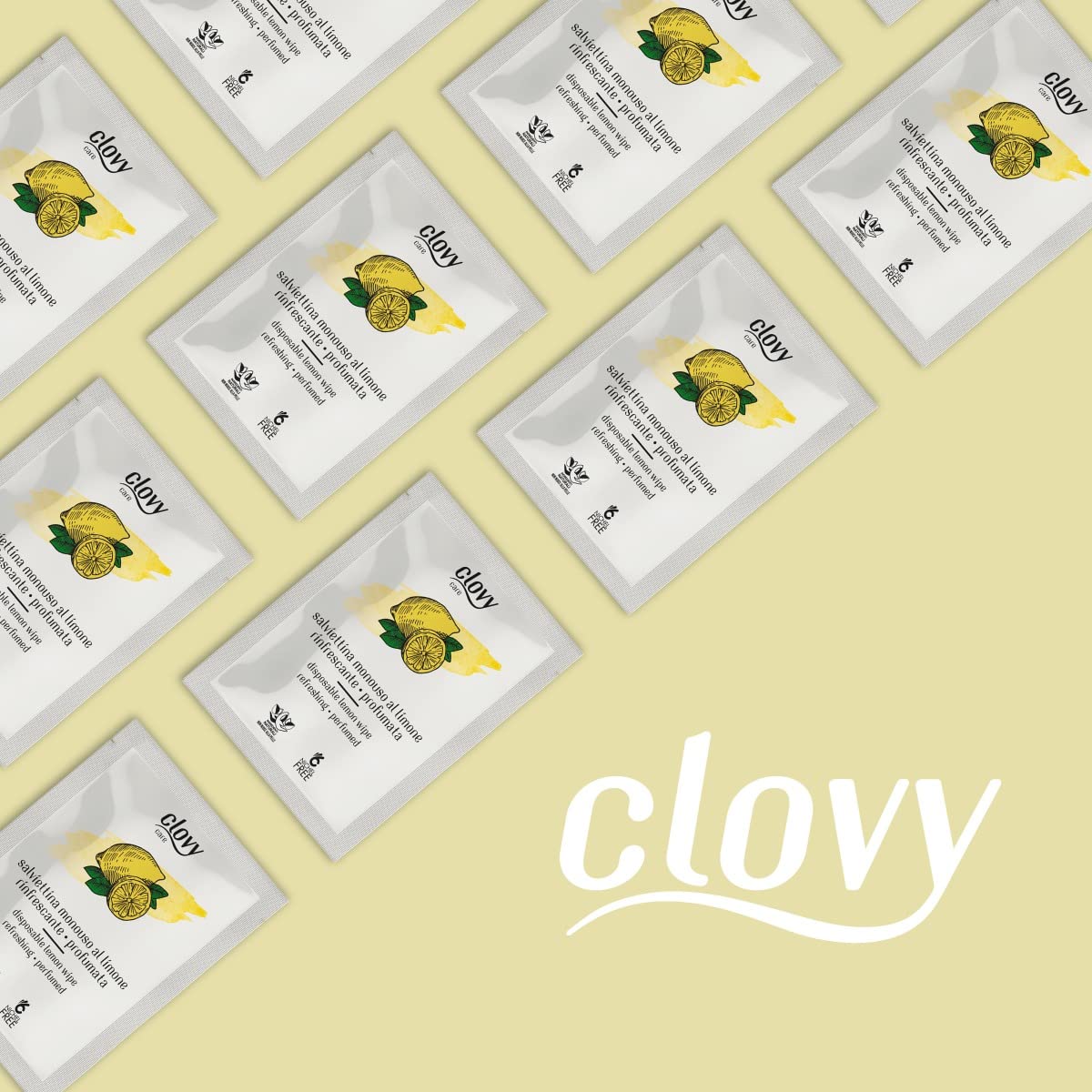 Clovy Care. 200 Salviette monouso rinfrescanti e profumate al limone dimensione 23,5x16 imbevute con soluzione a base di ingredienti naturali nichel free.