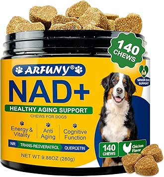 NAD Supplement for Dogs - NAD Soft Chews for Senior Dogs - Energy & Vitality, Anti-Aging, Cognitive Function - NR, Trans-Resveratrol, Quercetin, Glucosamine HCI - 140 Chews, Chicken Flavor