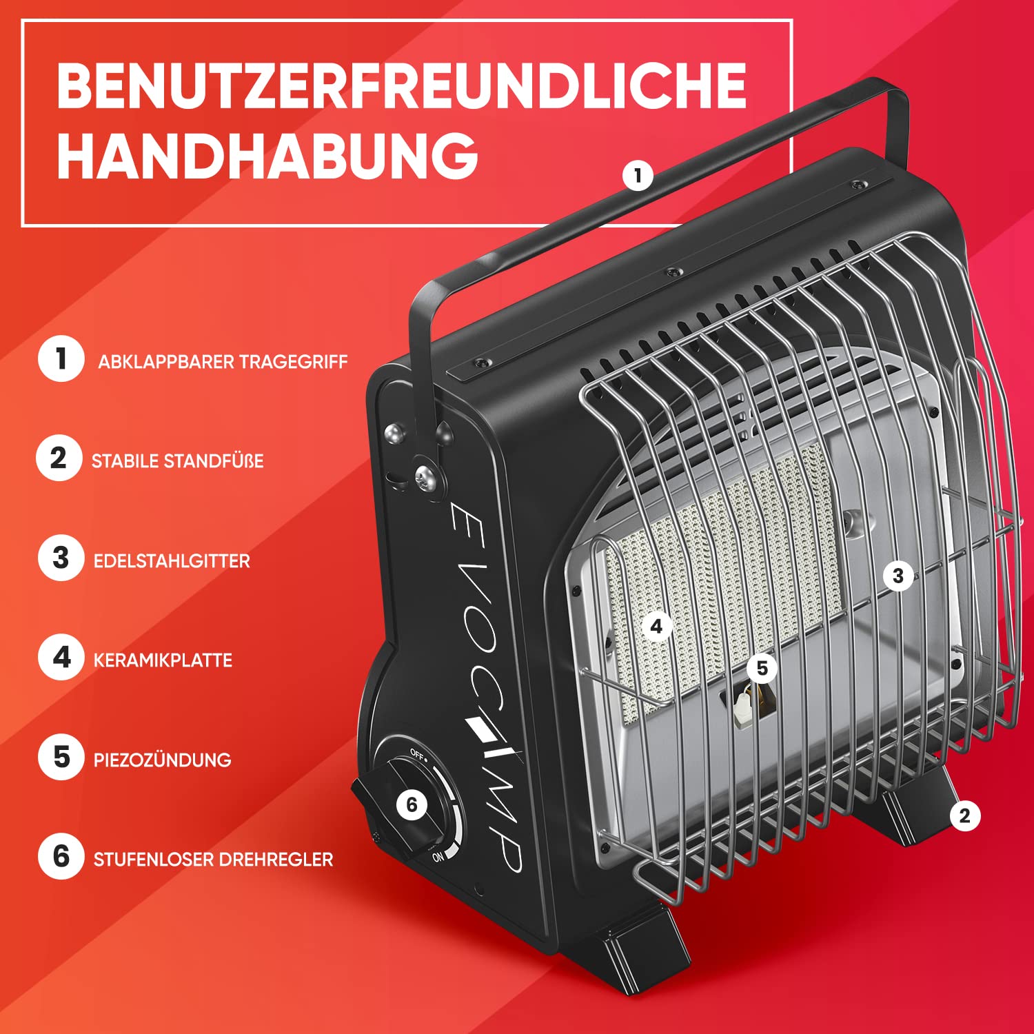 EVOCAMP tragbare Gasheizung und Gaskocher 2-in-1, Camping Heizung 1,7 kW, multifunktionale Keramikheizung, perfekte Gasheizung für Outdoor, Heizstrahler, Zeltheizung