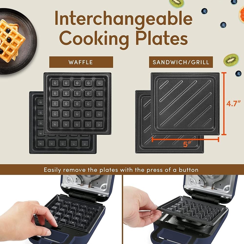 Elite Gourmet Electric 3-in-1 Nonstick 1-Inch Thick Belgian Waffle & Grill/Sandwich Maker, Removable Plates Easy to Clean, Paninis, Snacks