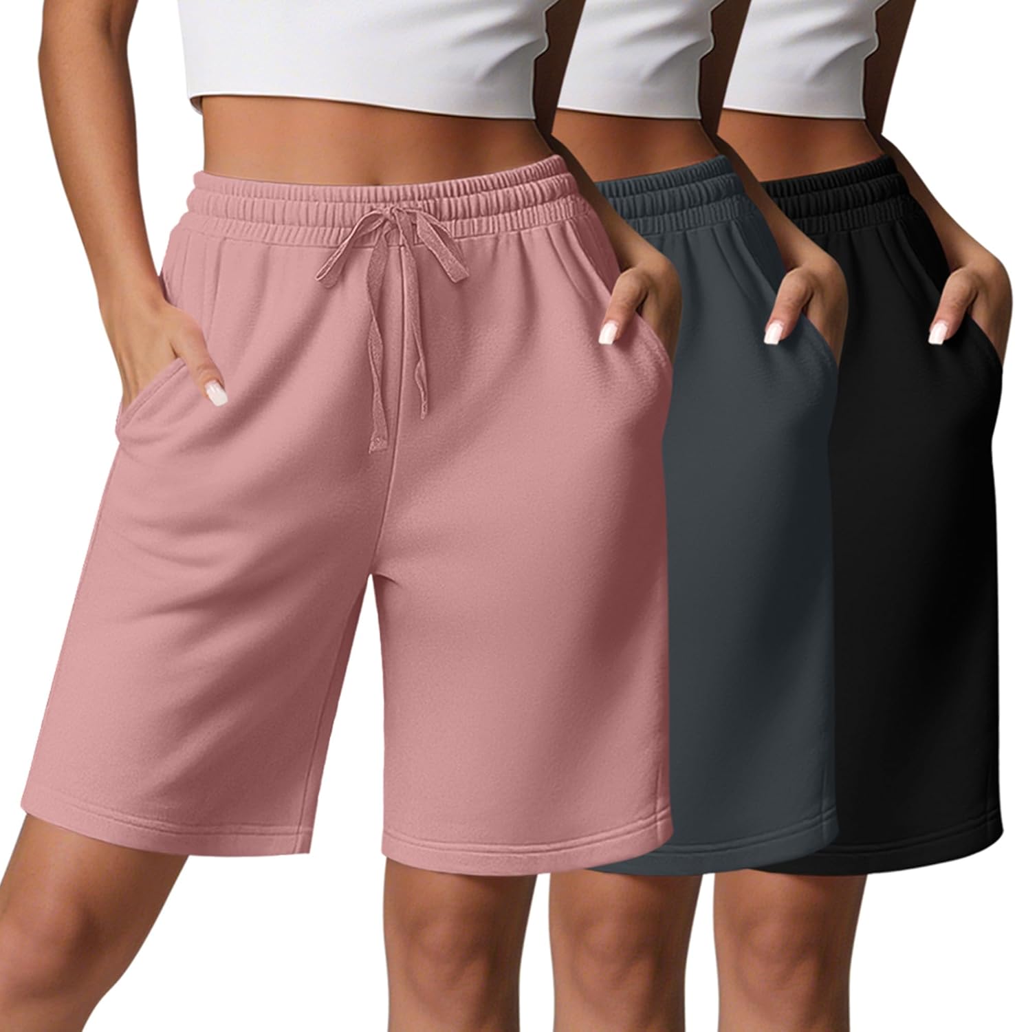 3 Pack Women's Bermuda Shorts High Waisted Knee Length Shorts with 3 Pockets Drawstring Casual Athletic SweatShorts