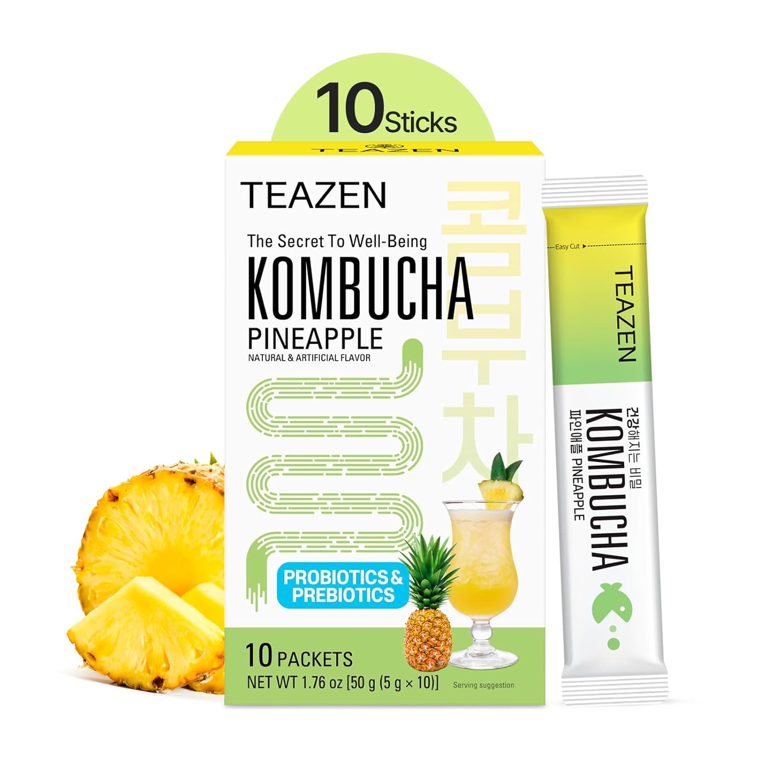 TEAZEN Pineapple Kombucha Powder, Hydration Drink Mix, Sugar Free, Live Probiotics &amp; Prebiotics, On-the-Go 10 Packets, 1.76oz