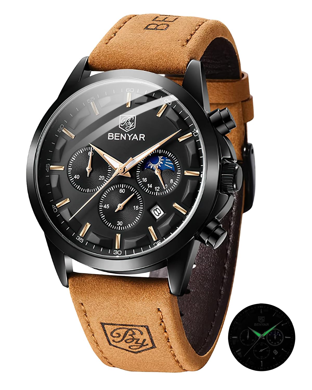 BY BENYAR Reloj para Hombre Sports Casual Acero Inoxidable Fecha analógica Diseñador Cronógrafo Resistente al Agua Reloj de Cuarzo para Hombre