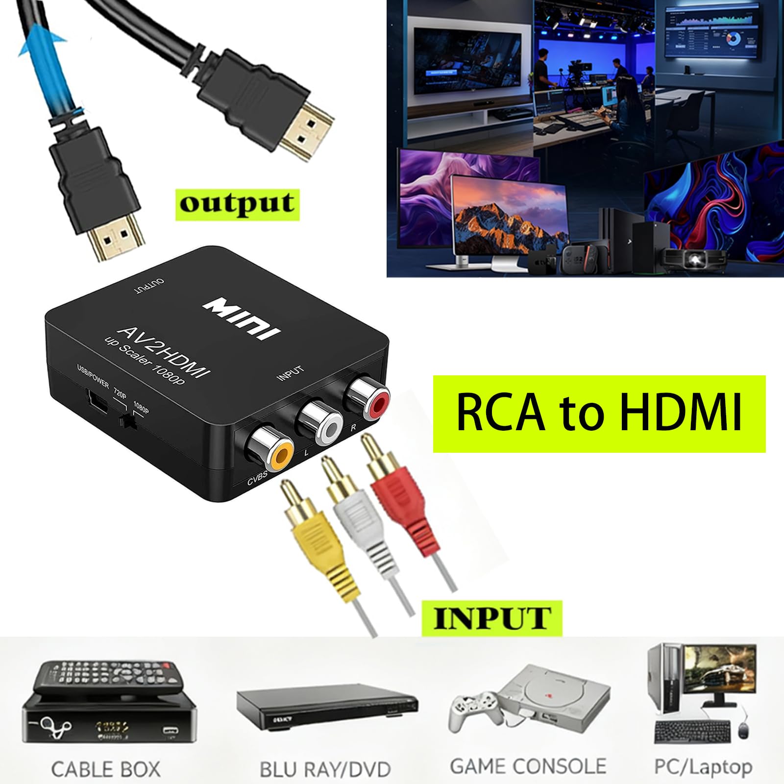 Convertitore da RCA a HDMI, 1080P Mini RCA composito CVBS AV a HDMI Video Audio Converter Adattatore per PC Xbox PS4 PS3 VHS VCR DVD TV STB Supporto PAL/NTSC con cavo di alimentazione USB