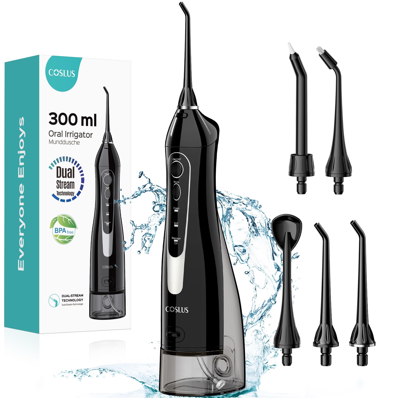 COSLUSWater Dental Flosser Teeth Pick: Portable Cordless Oral Irrigator 300ML Rechargeable Travel Irrigation Cleaner IPX7 Waterproof Electric Flossing Machine for Teeth Cleaning C20(F5020E)Global Recycled StandardGlobal Recycled StandardGlobal Recycled Standard