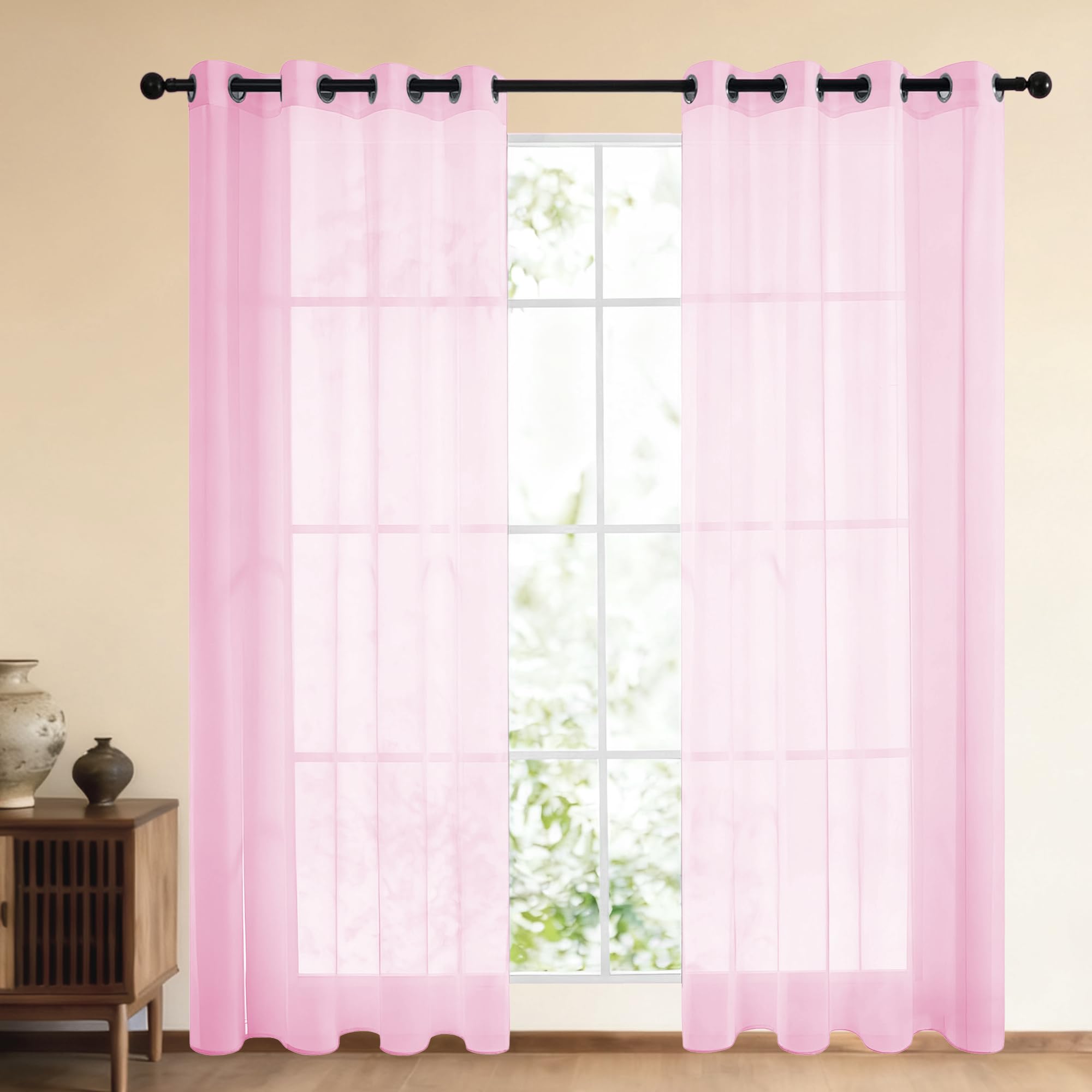 Rideau voile rose 255 x 320 cm à oeillets pour salon et grande chambre d'adulte