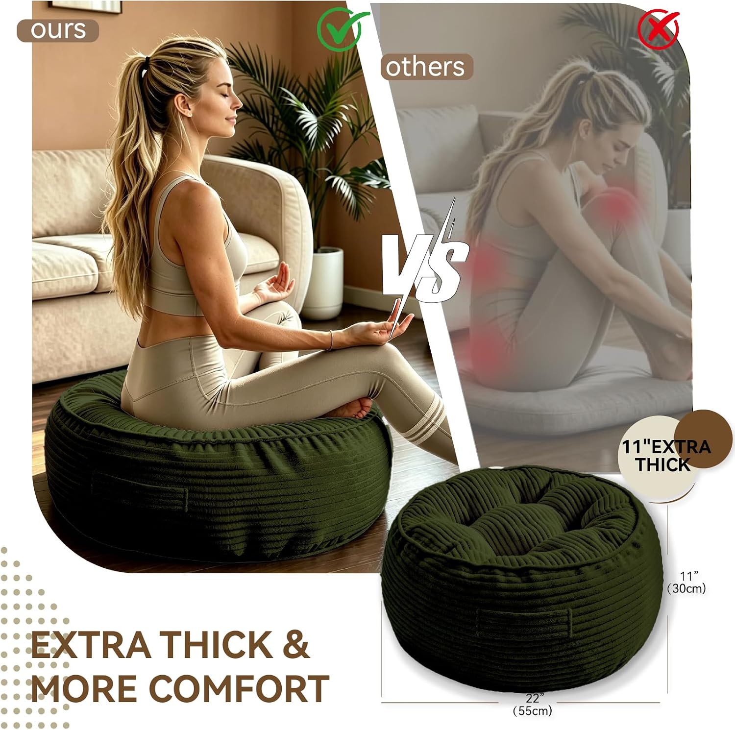 11" Washable Round Floor Pillow for Adults Thick Meditation Cushion for Sitting Large Yoga Pillows on Floor Ottoman to Elevate Leg for Tatami Living Room,22x22 Inch, Green