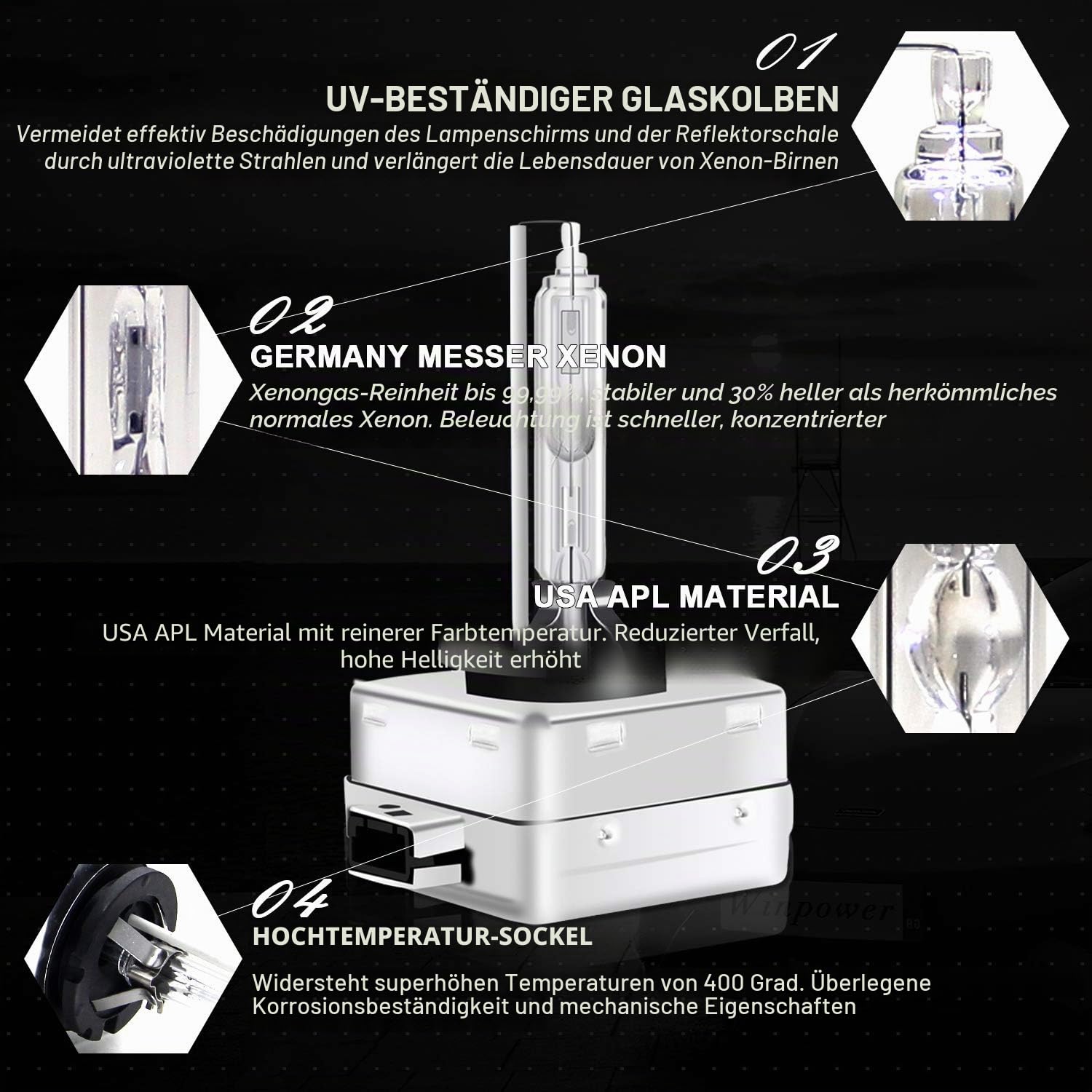 WinPower D1S Bi Xenon Brenner 35W HID Scheinwerfer Biren Entladungslampe Set 85V 6000K Diamond Weiß Mehr Licht Extreme Vision Headlight Lampe, 2 Stücke