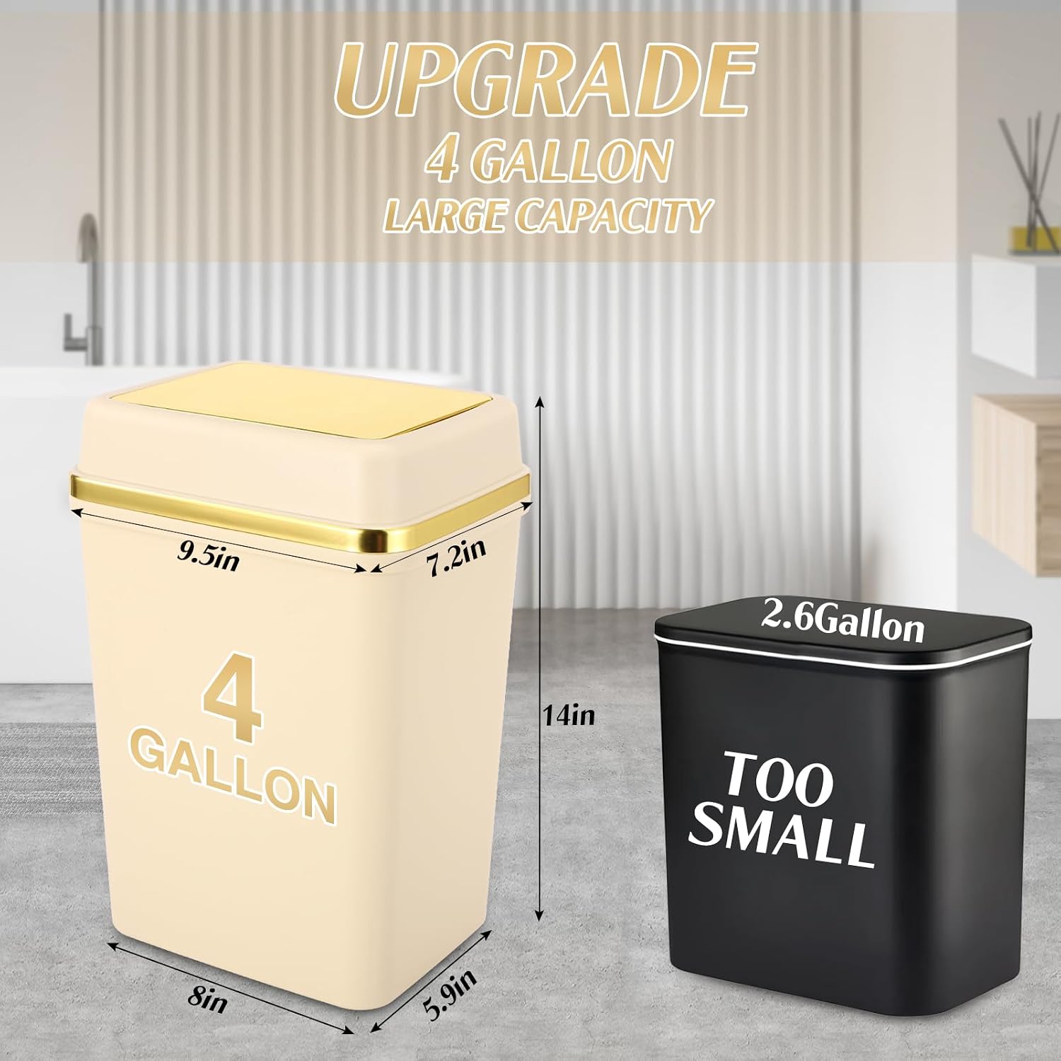 3 Pack Bathroom Trash Can with Lid 4 Gallon Small Trash Can with Swing Lid Bathroom Garbage Can with 225 Counts Trash Bags for Kitchen Bedroom Office(Black White Beige)