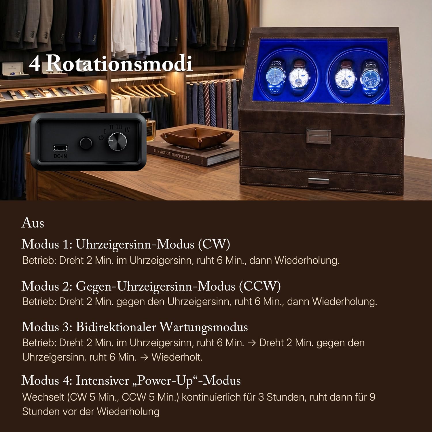 Mcbazel Automatik Uhrenbeweger für 4 Uhren, Leiser Uhrendreher mit 6 Speicherplätzeaus PU Leder mit LED Beleuchtung, Automatikuhren Box mit Schmuckaufbewahrung (Braun)