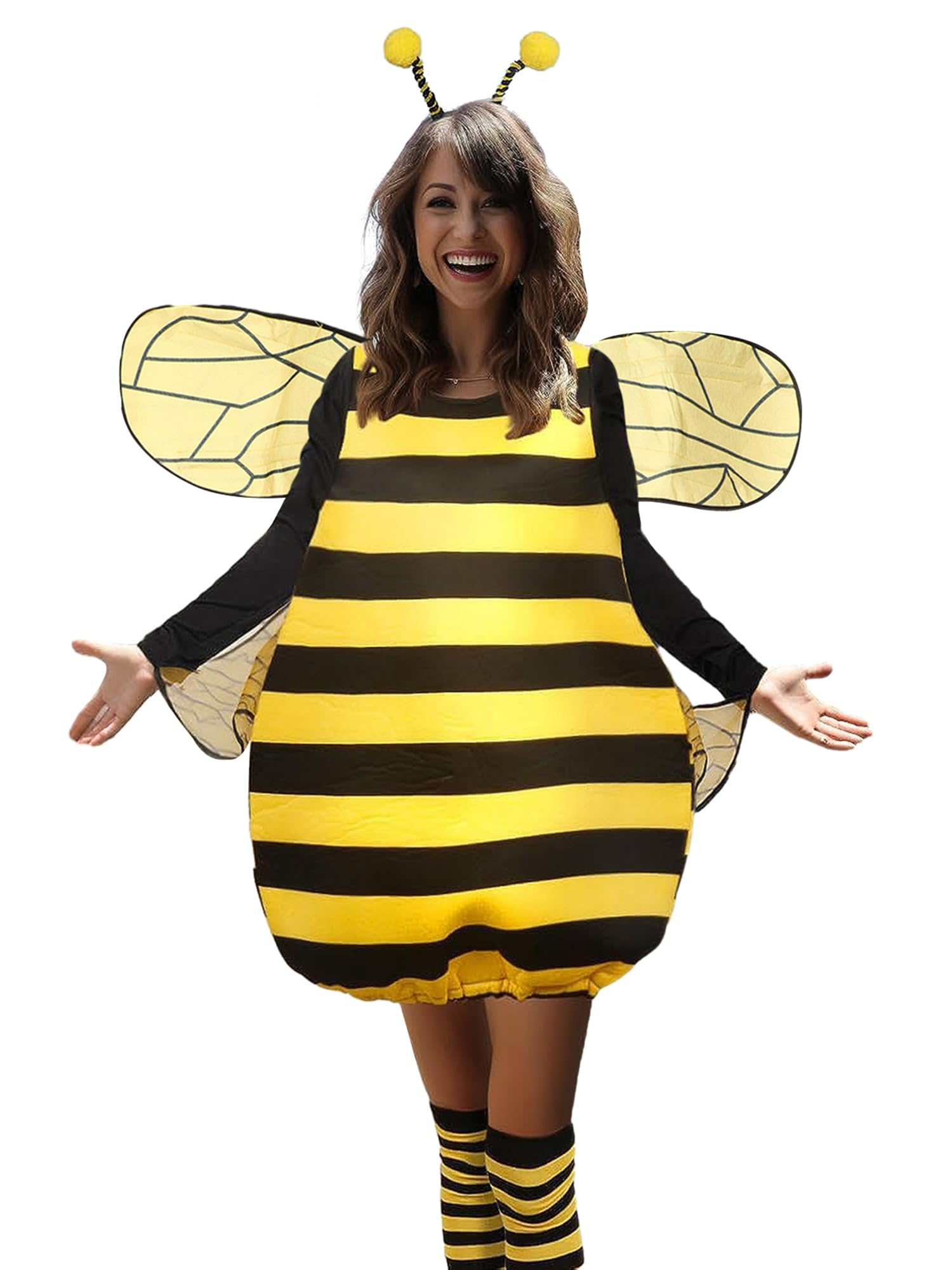 Springcmy Women Kid Halloween Costume Cosplay Set Bee Dress with Wings Headband Leg Sleeves Party Cosplay Fancy Dress