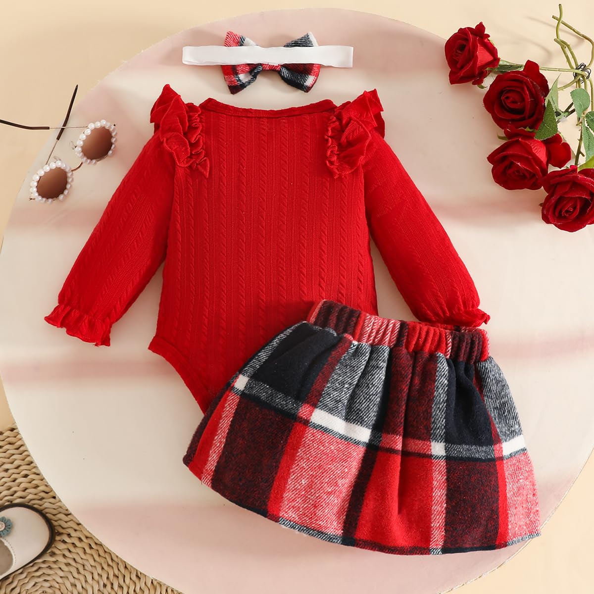 Baby Mädchen Herbstrock Outfits Rüschen Langarm Strampler Plaid Rock mit Stirnband Süße Neugeborenen Kleidung Set 0-18M