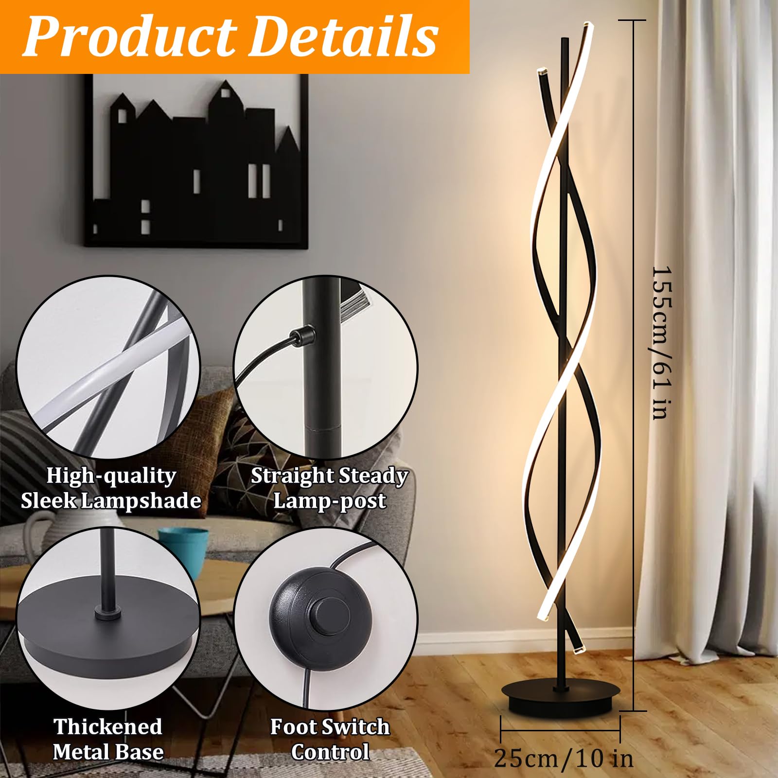 Stehlampe Wohnzimmer Dimmbar, Schwarze Spirale LED Dimmbare Stehlampe für Schlafzimmer, Stehlampe mit Fernbedienung, 155cm 3 Farbtemperaturen 52W Standleuchte (Black)