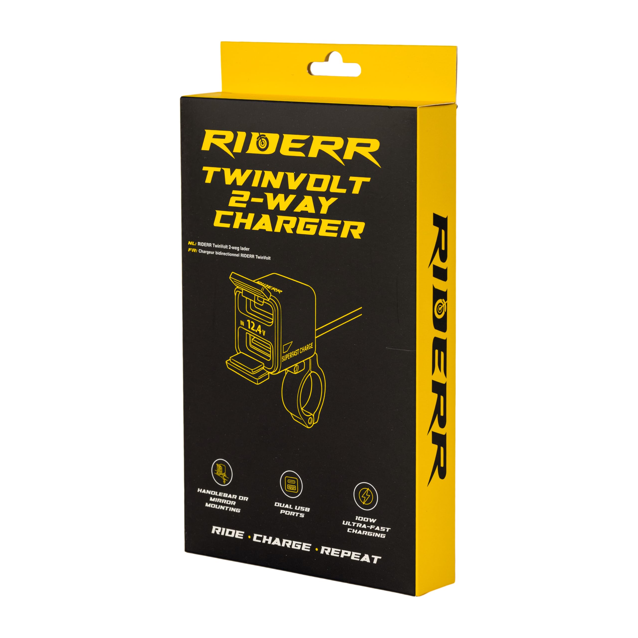 RIDERR Chargeur TwinVolt 2 voies, chargez votre téléphone tout en conservant la batterie de votre moto, deux ports USB-C et USB-A, charge ultra rapide de 100 W, étanchéité IP66,