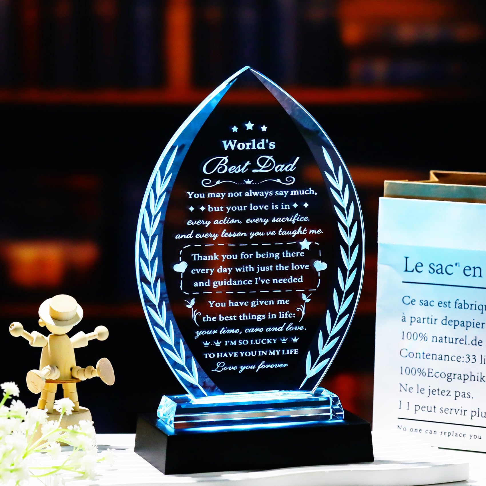 YWHL Regalo di compleanno per papà da figlia figlio con base luminosa, regalo per la festa del papà, incisione laser per papà ricordo di cristallo per Natale