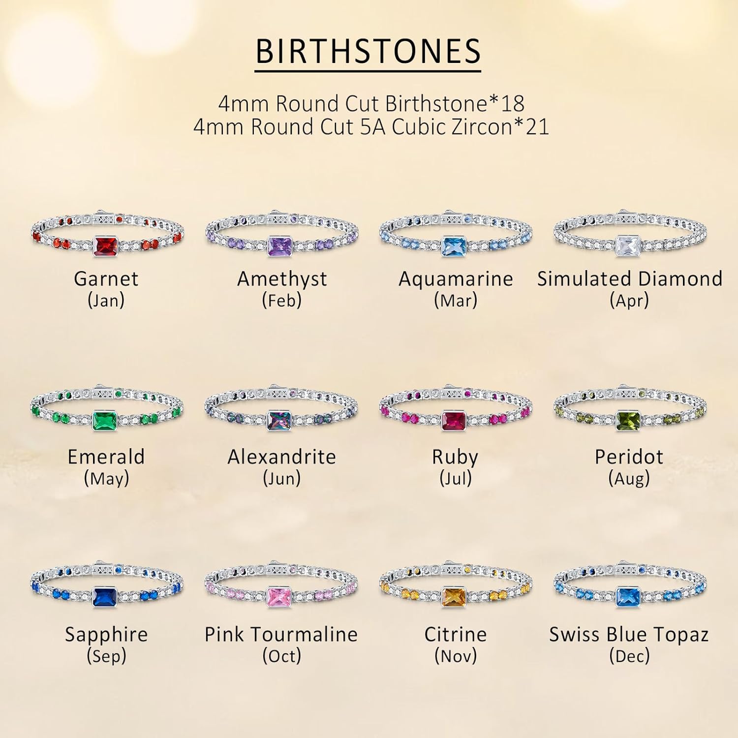Birthstone Bracelets for Women Birthday Gifts 4CT Radiant Cut Birthstone 4mm Sterling Silver White Gold Tennis Bracelets for Women Round Cut 5A Cubic Zirconia Bezel Setting 7 Inch - Image 6