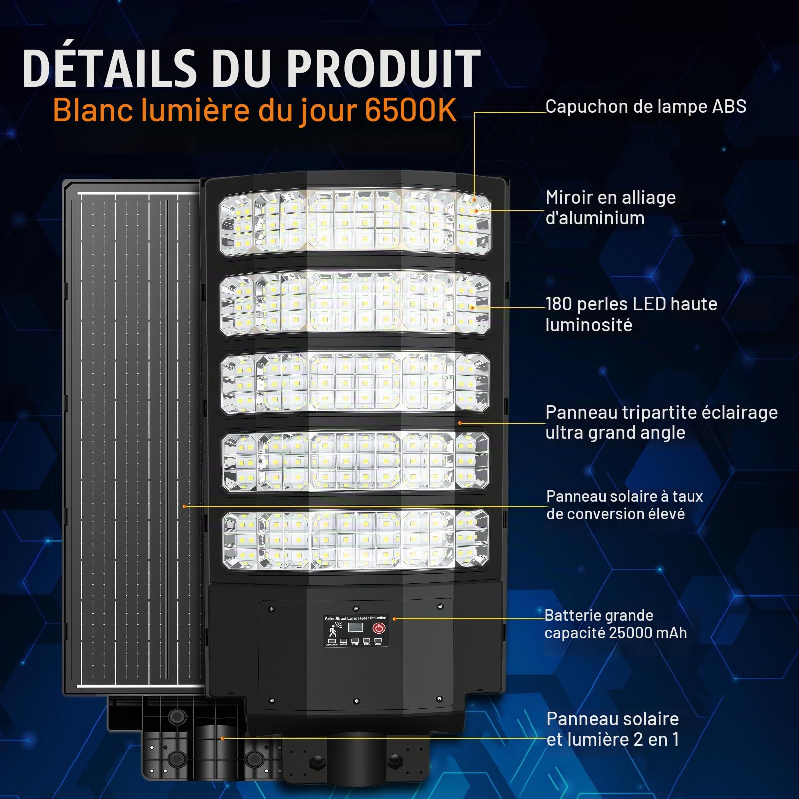 8000W Lampadaire Solaire Exterieur,6500K Lumiere Solaires avec Détecteur de Mouvement,IP66 Étanche Spot Solaire Puissant Projecteur LED Exterieur pour Jardin, Yard, Parking Lot