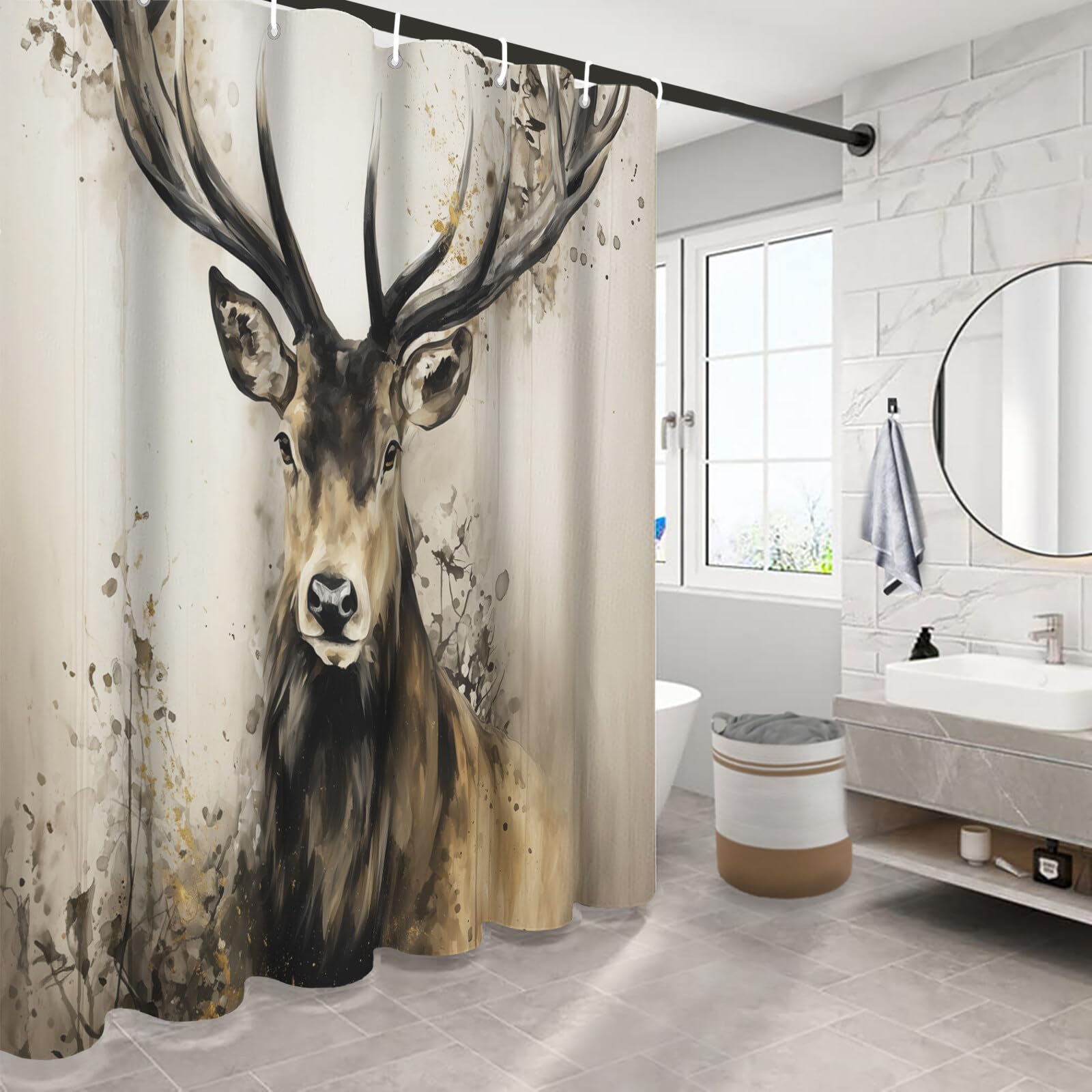 Rideau De Douche Beige Marron Cerf Rétro Peinture À l'huile Aquarelle Rideau De Bain Tissu Polyester Anti Moisissure Imperméable Lavable Rideaux Salle De Bain avec Crochets pour Baignoire