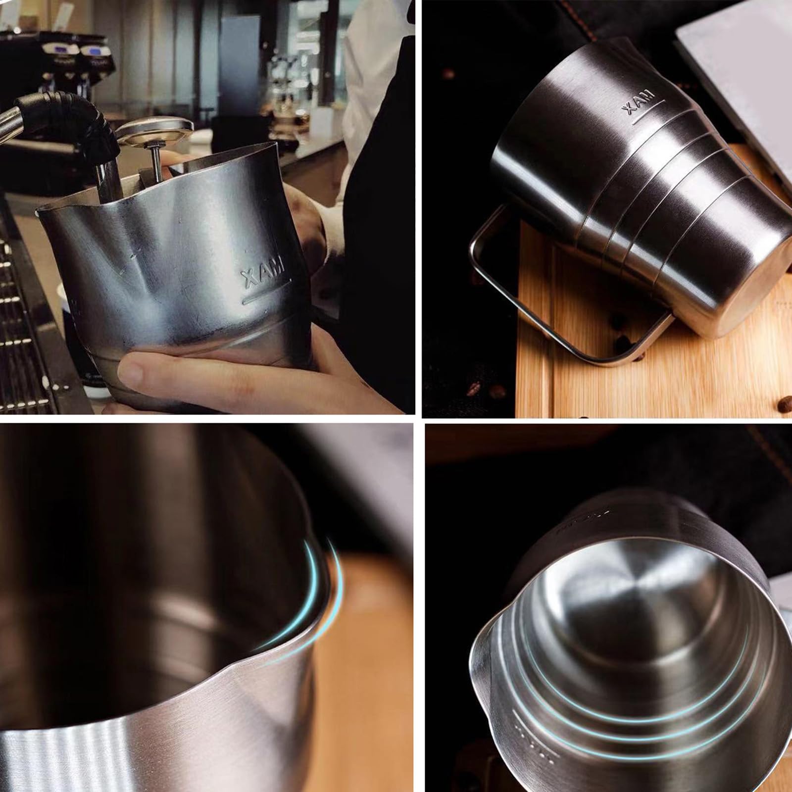 Jarra espumadora de leche de acero inoxidable 304 de 900 ml con escala, mango ergonómico para arte con leche y chocolate caliente, taza de espuma de café de acero inoxidable