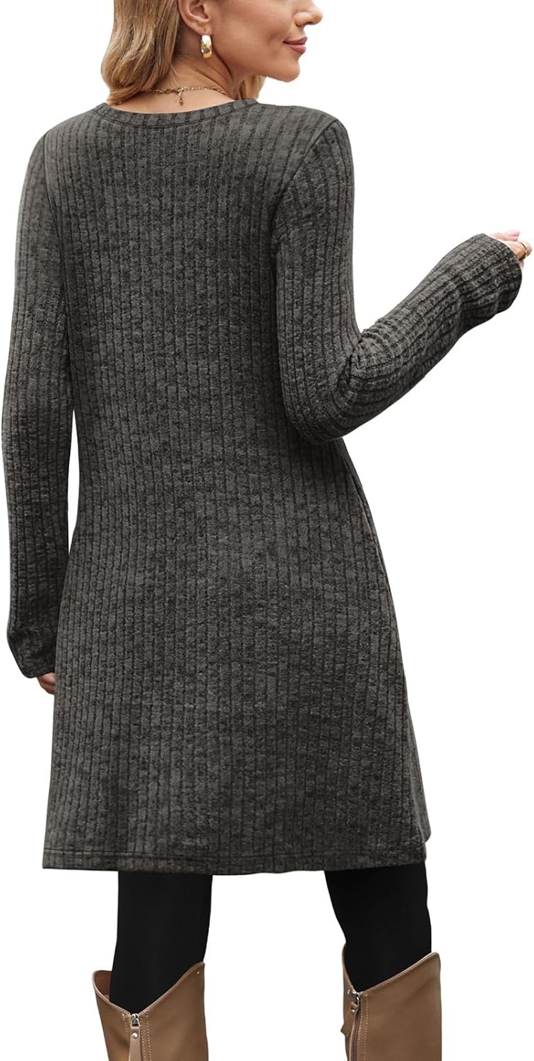 OFEEFAN Fall and Winter Tunic Dress with Pockets Long Sleeve Crew Neck Buttons Side - Image 5