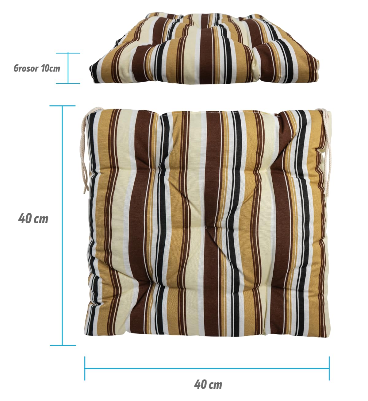 CHELY INTERMARKET Cojines Silla 40x40cm Pack 4 Unidades Relleno Mullido Marrón Raya 5 Pespuntes Acolchado Exterior Interior Decorativos Suaves Estables Lavables Terraza Jardín