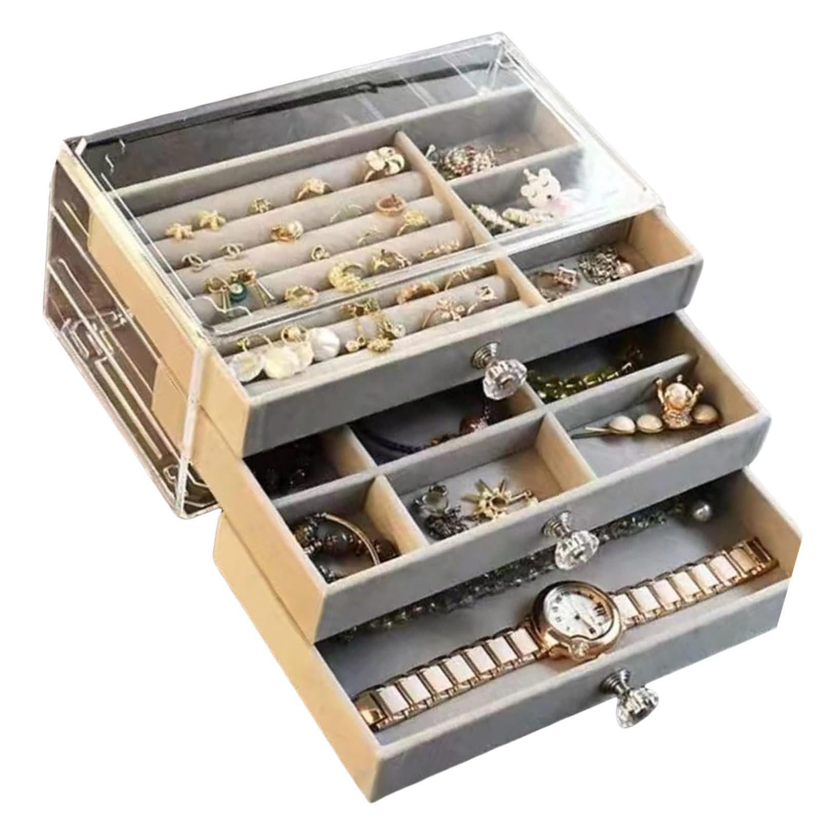 HDOYTXXM Velvets Jewelry Organiser 3 Drawers Stackable Display Case for Earrings Necklace Bracelets Accessories Holder Stackable Jewelry Storage