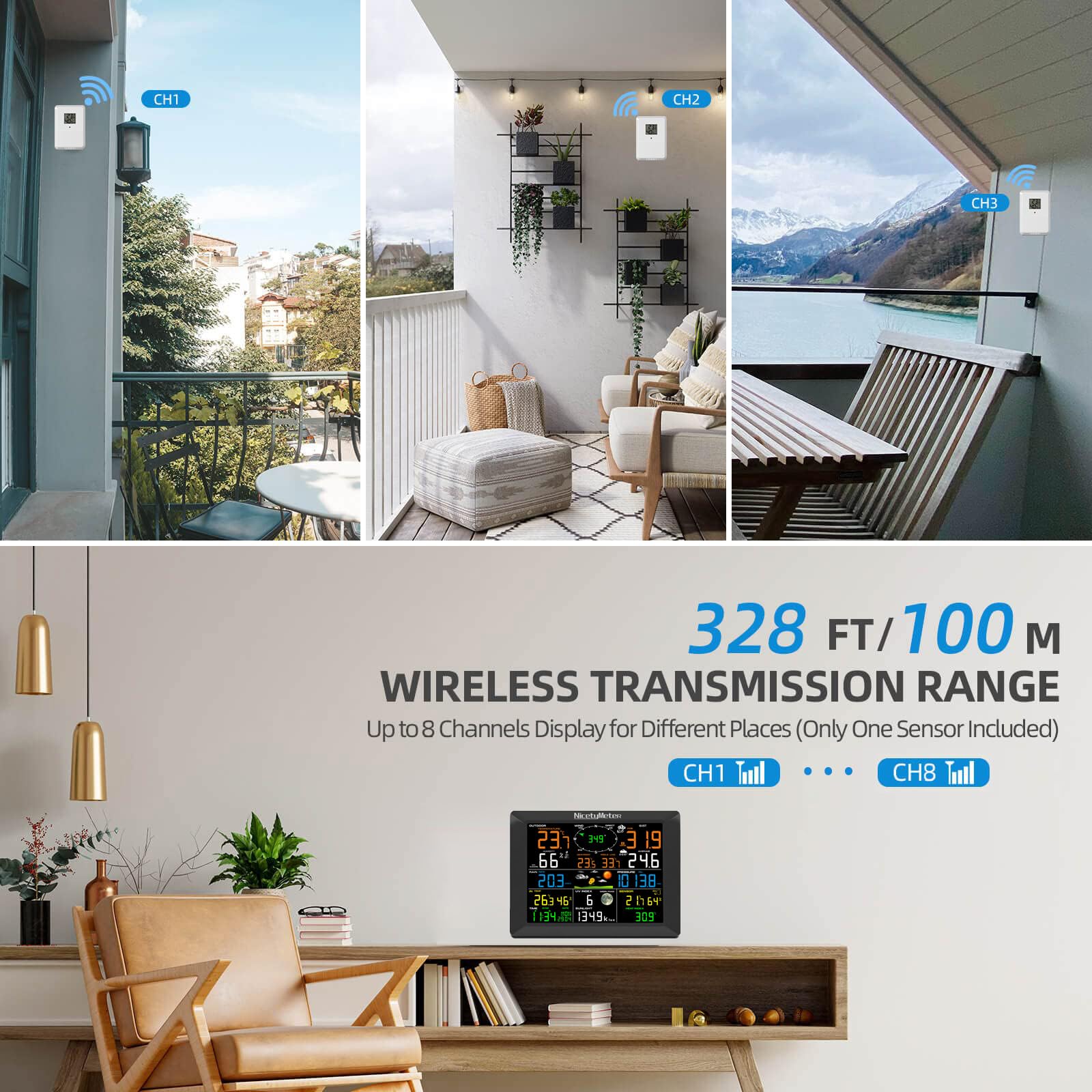 Estación meteorológica 7 en 1 con sensor exterior, sistema de monitoreo meteorológico WiFi, estaciones meteorológicas inalámbricas con energía solar con pronóstico del tiempo, medidor de temperatura y