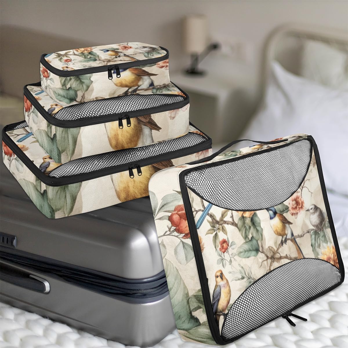 Retro Flowers Bird 4 Set Packing Cubes Packing Cubes for Women Lightweight Travel Essential Bag Clothes Carry on Suitcase Bags for Accessories Essentials