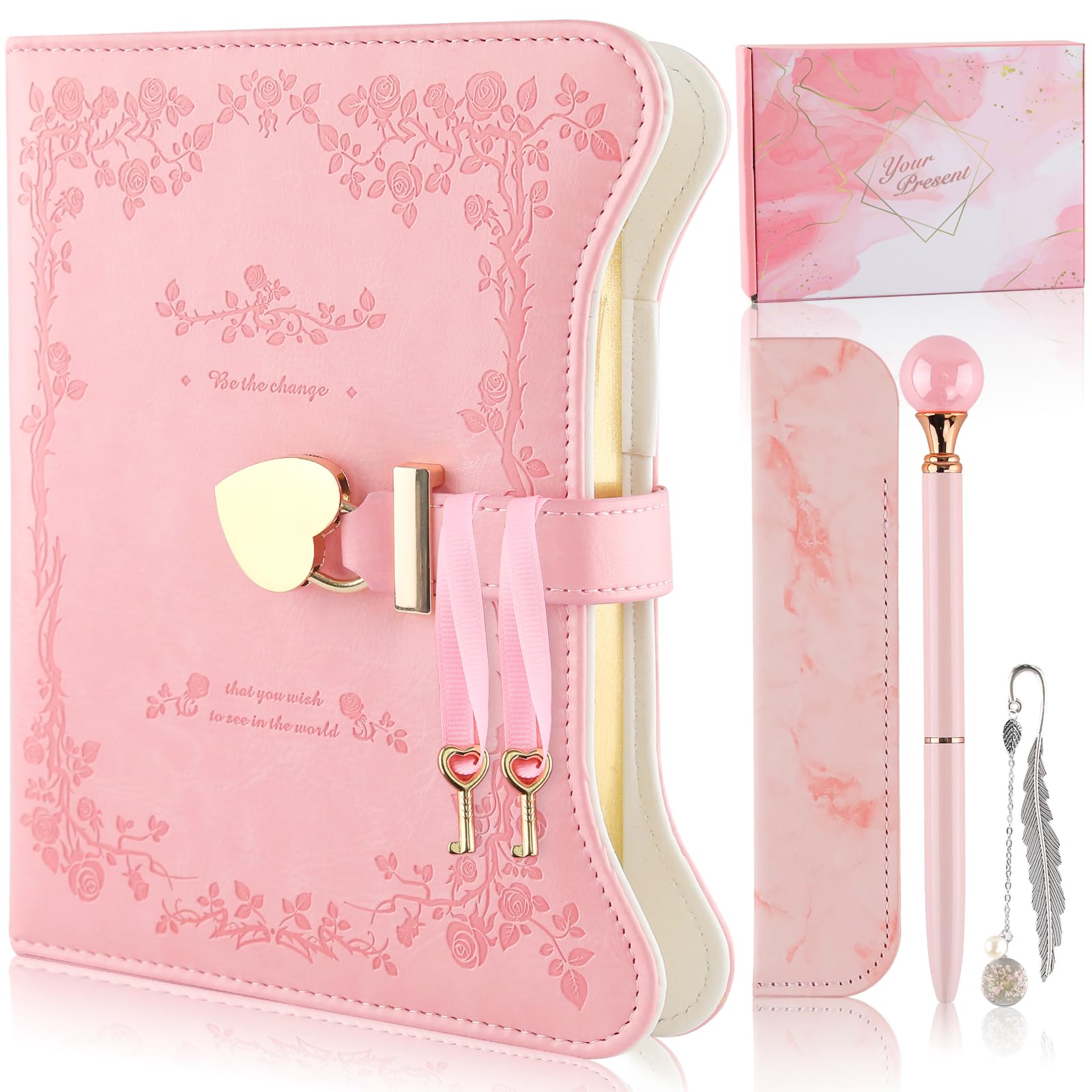 Diario con lucchetto per ragazze, set regalo con lucchetto a forma di cuore | Taccuino con bordo dorato, 360 pagine, con penna a sfera e segnalibro, idea regalo per ragazze 8-13 anni