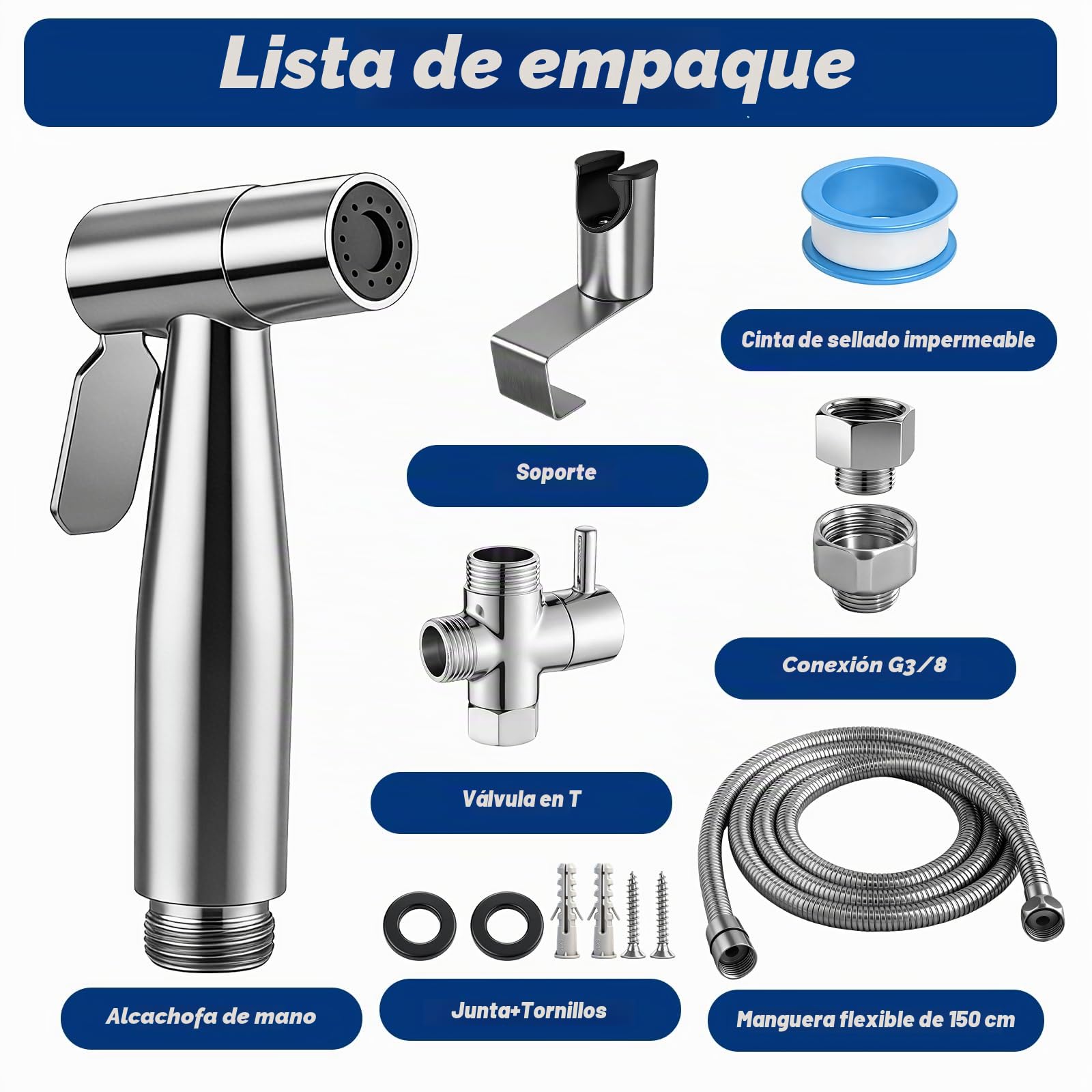 Set de Ducha Bidé de Mano, Pulverizador de Bidé de Mano con Válvula en T G1/2" y Adaptador de Inodoro G3/8", Manguera de 150 cm, Cabezal de Ducha para Pañales y Baño de Mascotas